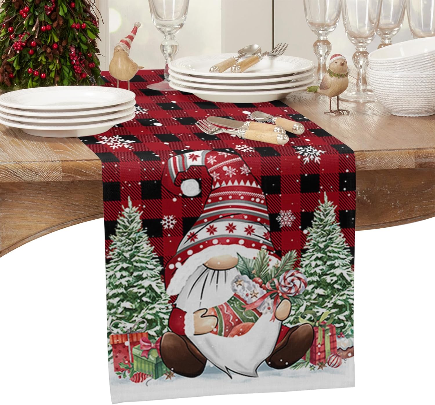 Camino de mesa de gnomo de Navidad a cuadros, copos de nieve de invierno y árbol de Navidad, bufandas de cocina, comedor, caminos de mesa para