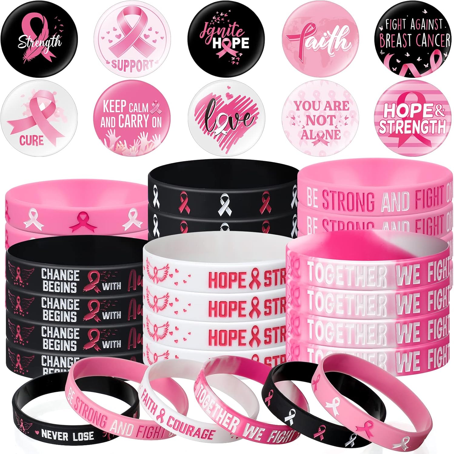 60 accesorios de concientización sobre el cáncer de mama, incluyen 30 pulseras de silicona de cinta rosa y negra, pulsera de goma y 30 insignias de