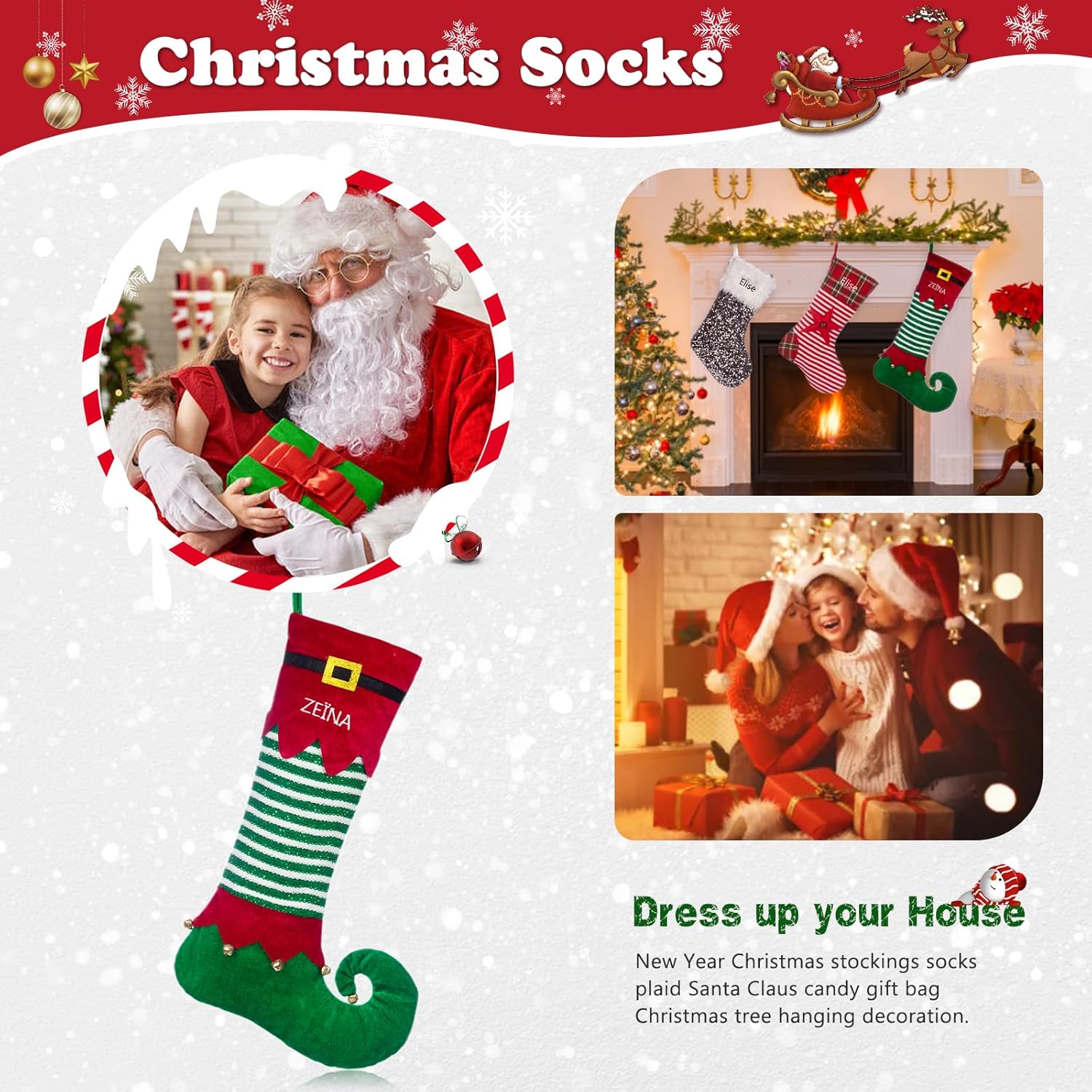 Zeekisfia Medias de Navidad personalizadas con nombre de la familia, calcetines de Navidad de 19 pulgadas para niños, calcetines grandes para