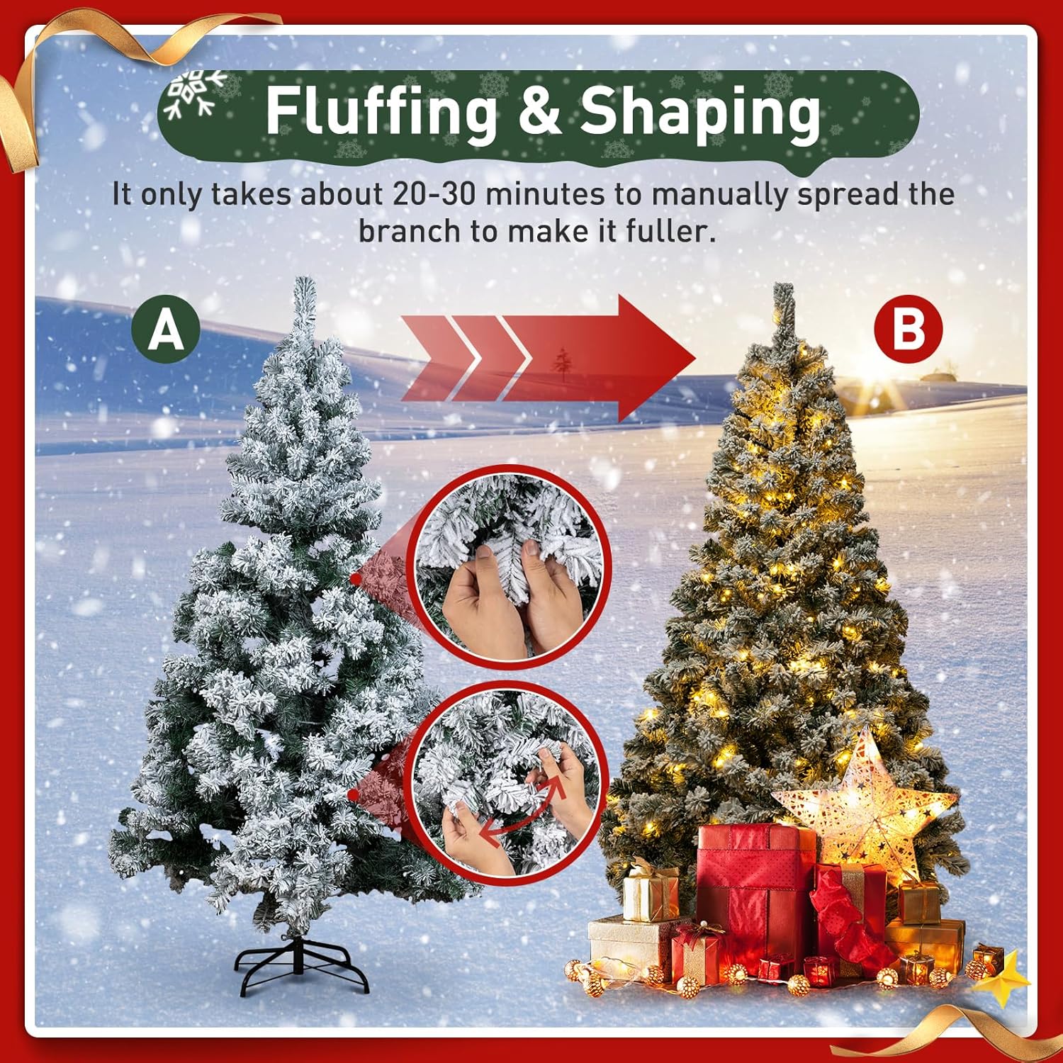 Árbol de Navidad artificial preiluminado de 6 pies, árbol de luces de Navidad verde y blanco preinstalado con luces LED blancas cálidas, árbol de