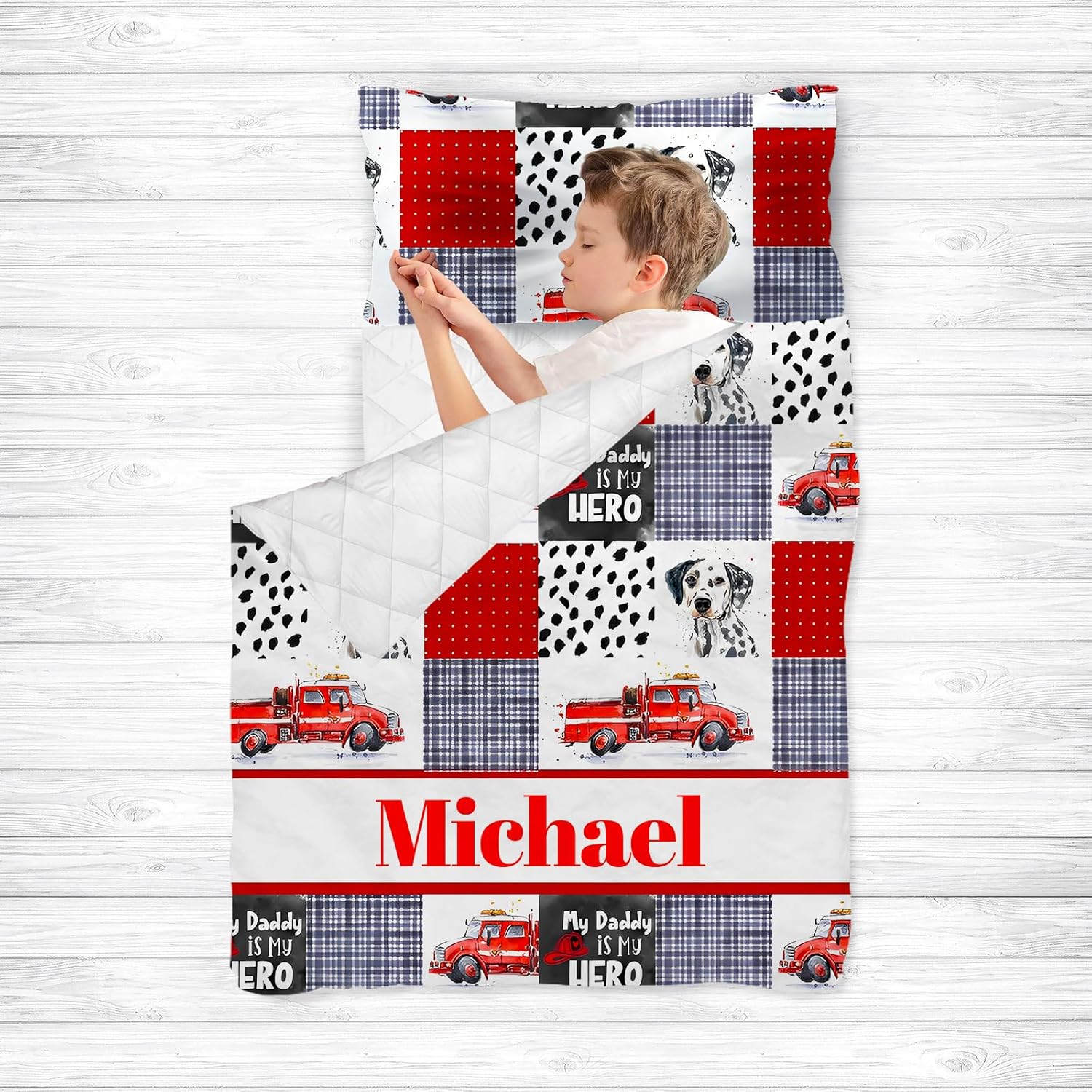 Tapete personalizado para siesta de camión de bomberos con nombre, sacos de dormir para niños y niñas, colchón de cama personalizado para niños,