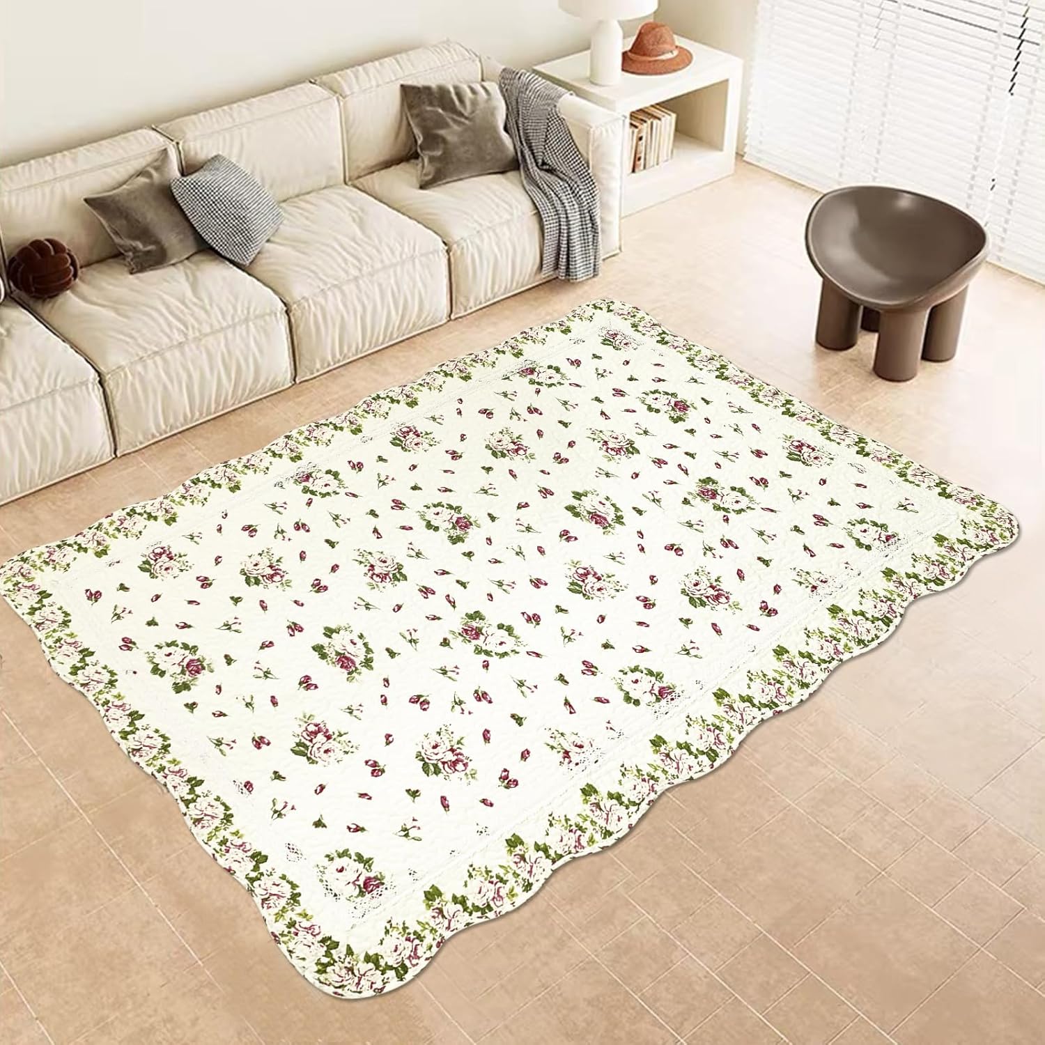 USTIDE Alfombra de algodón natural de 3 x 5 con diseño de flores de rosas, capullos de flores de rosas desgastadas, lavable a máquina, para