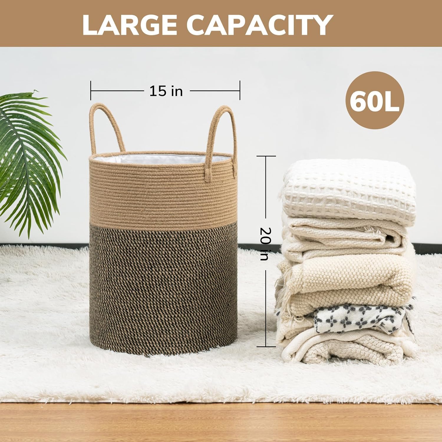 Goodpick Cesta de mimbre para ropa sucia, cesta de lavandería tejida de 60 litros para mantas, cesta de ropa sucia para dormitorio, canasta alta de