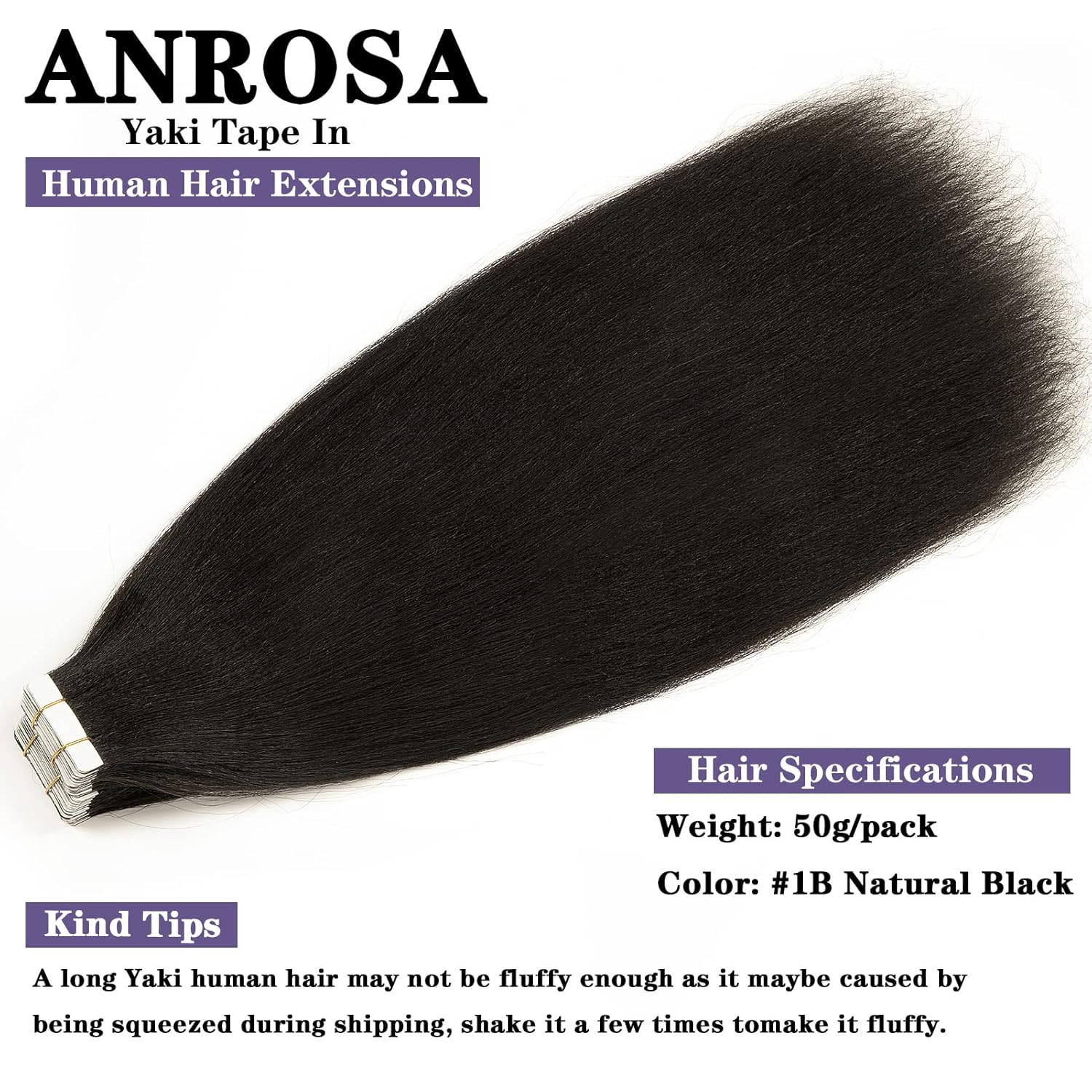Anrosa Light Yaki – Extensiones adhesivas para mujeres negras, extensiones de cabello lacio Yaki brasileño 10A, color negro natural #1B, extensiones