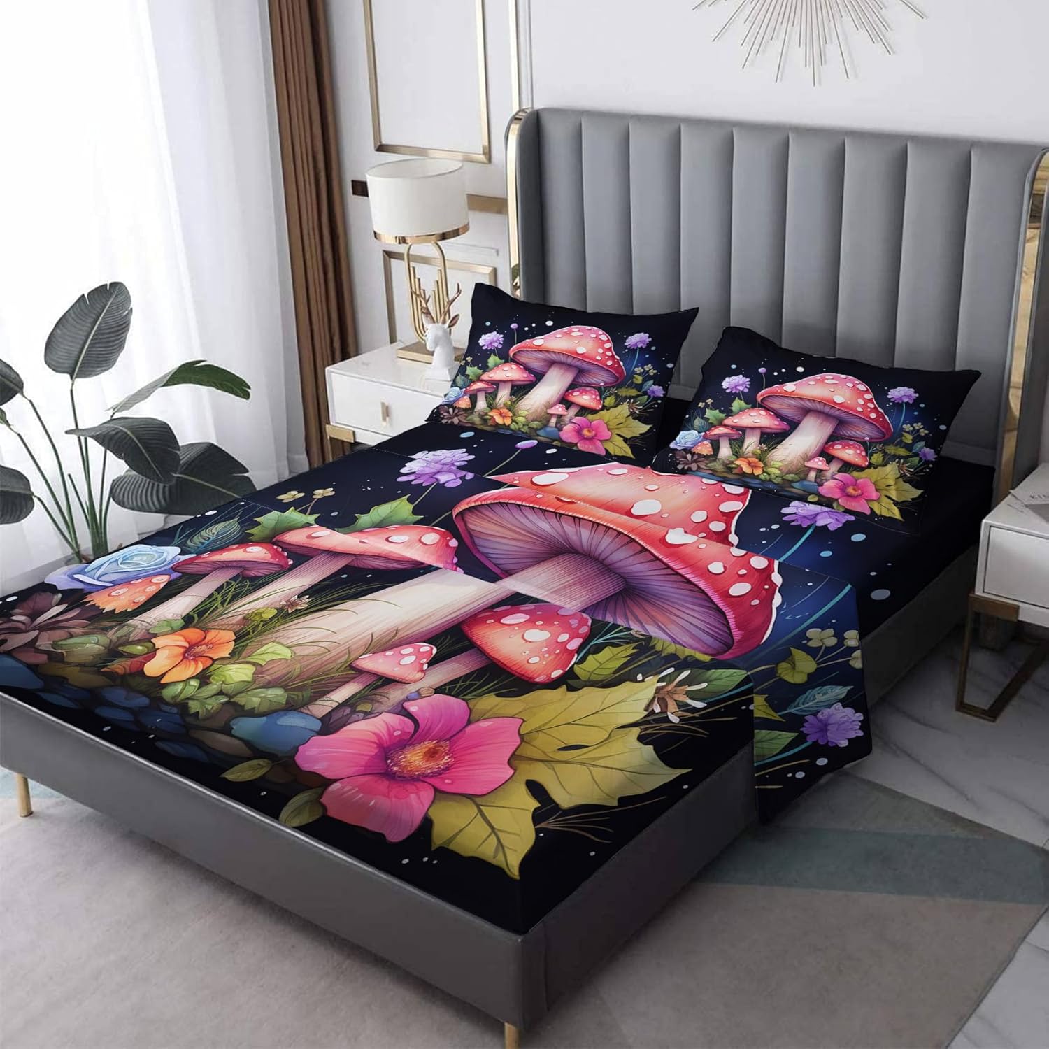 J9-&-303 – Sábanas de hongos divididas tamaño King para cama ajustable, sábanas de hongos, sábanas estampadas y juego de 5 piezas, microfibra suave,