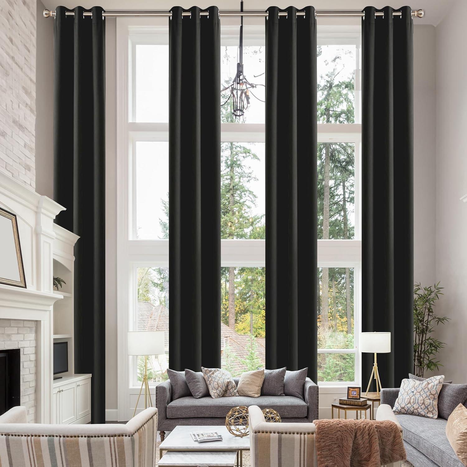 Hascemon Cortinas opacas de dos pisos, cortinas extralargas para oscurecer la habitación con ojales para sala de estar (1 panel, negro, 52 x 144
