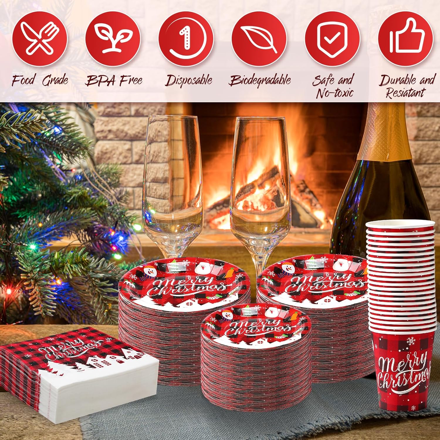 Soaoo Juego de vajilla desechable de Navidad de 400 piezas, incluye 100 platos de papel de Navidad de 9 pulgadas, 100 platos de Navidad de 7