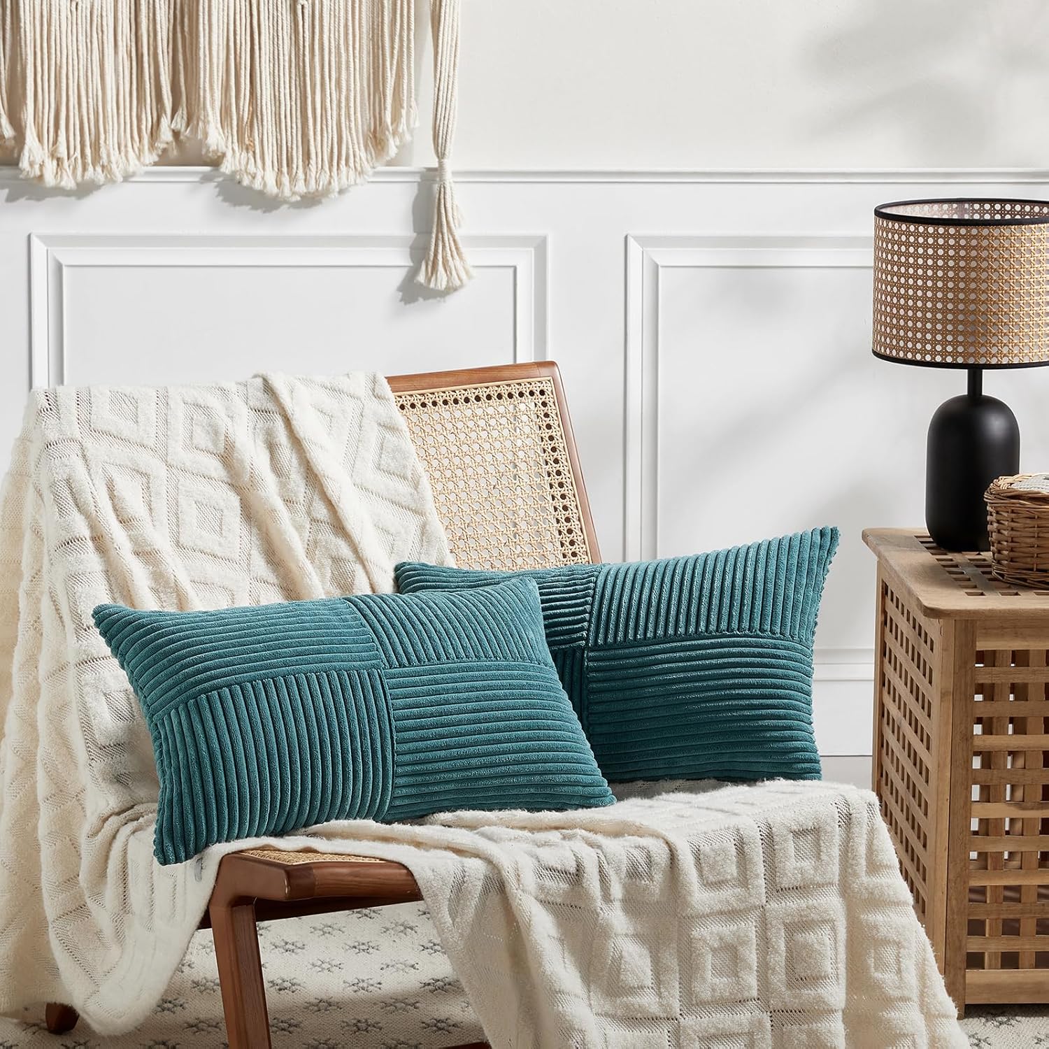 Fancy Homi – 2 fundas decorativas para cojín lumbar y rectangular de pana suave y texturizada a rayas, decoración rústica y bohemia de casa de