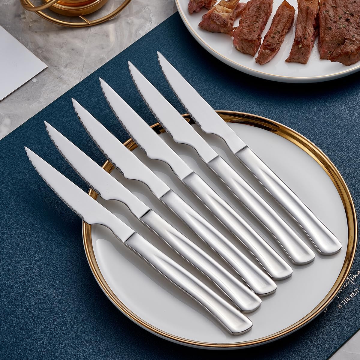 Juego de cuchillos de carne plateados, juego de 6 cuchillos de cocina de acero inoxidable y cuchillos de cocina, cuchillos de carne dentados