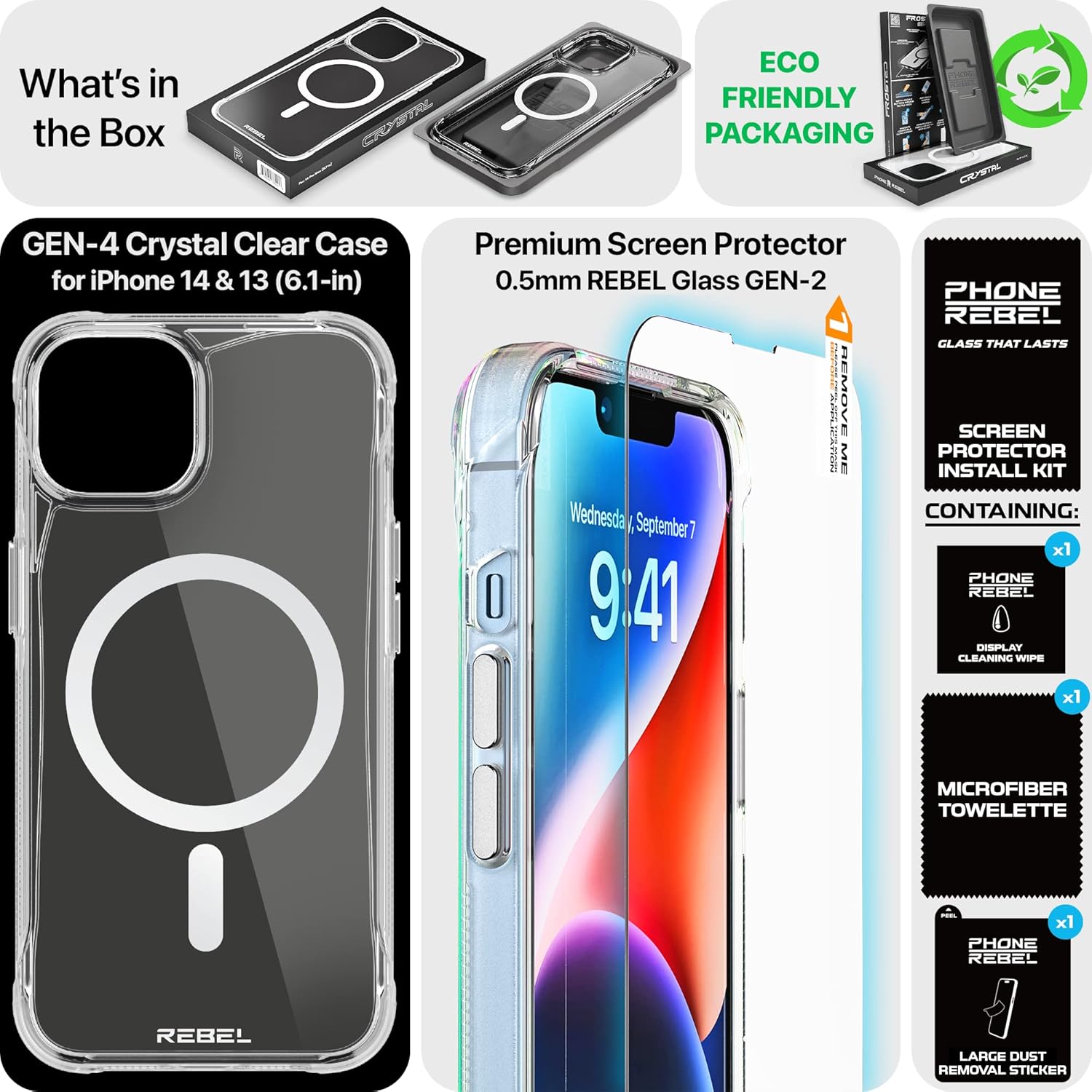 REBEL Funda transparente para iPhone 14 Crystal Series Gen-4 Fuerte compatible con MagSafe, antiarañazos, no amarillea, protección a prueba de