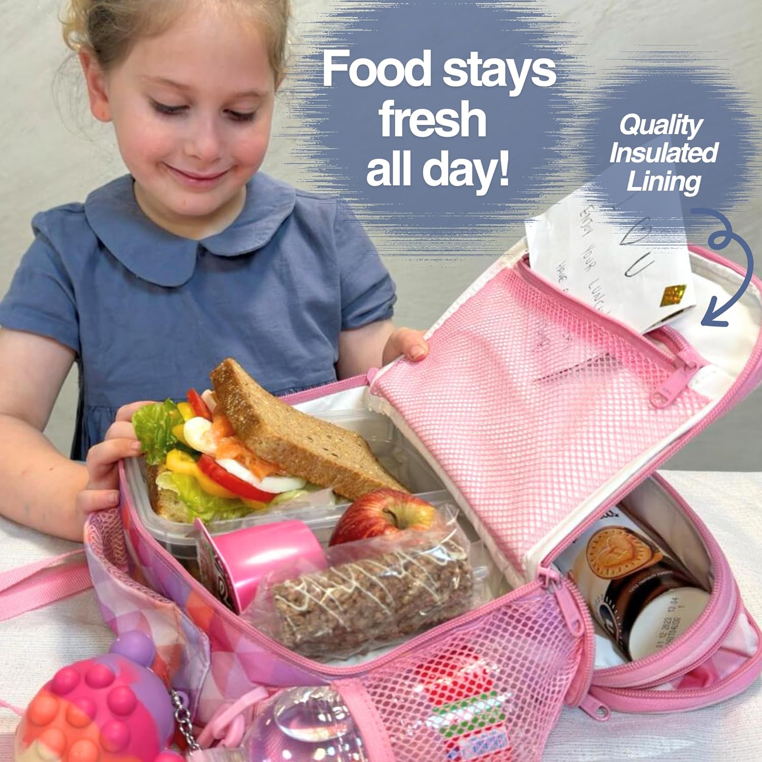 friends on trend Bolsa de almuerzo para niños aislada con bolsillo expandible, bolsa de almuerzo para niñas con llavero POP – Bolsa de almuerzo para