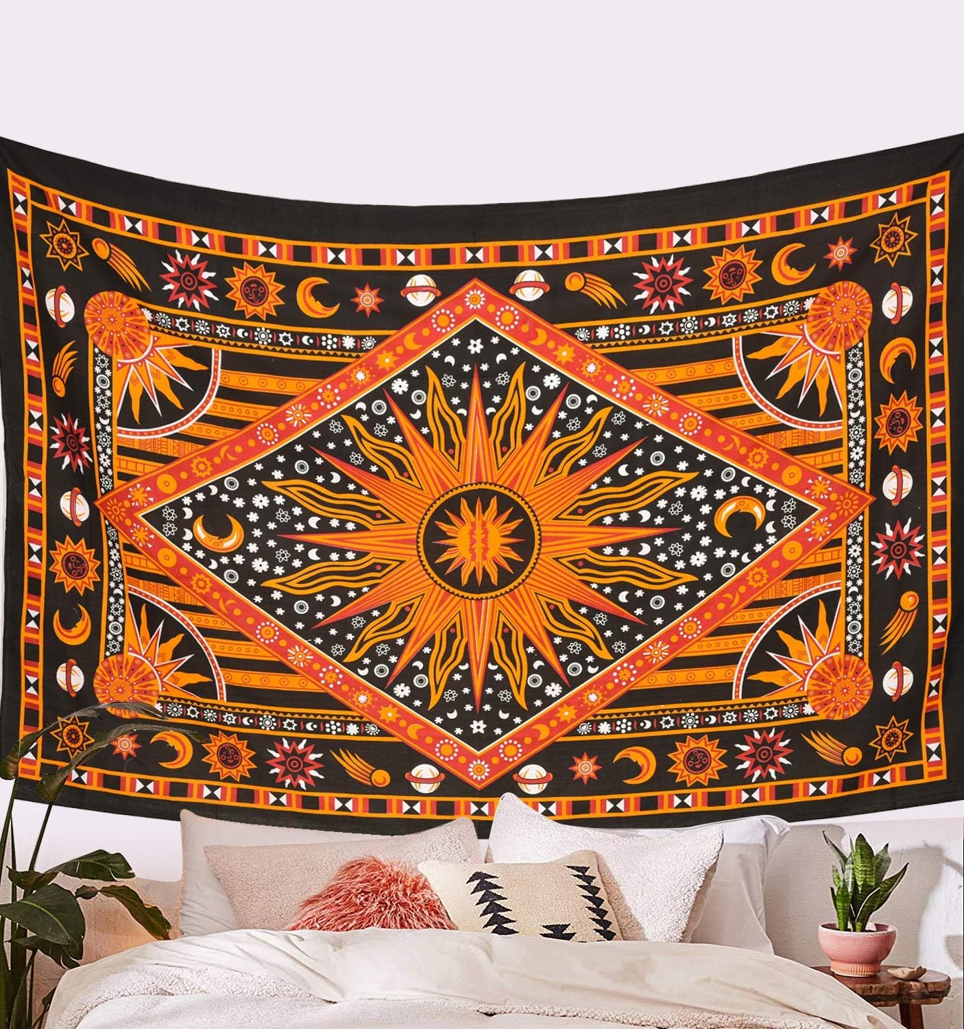 ANJANIYA – Tapiz teñido con amarres, diseño celestial de sol, luna, planeta, bohemio, para colgar en la pared, tapiz bohemio, hippie, playa colcha,