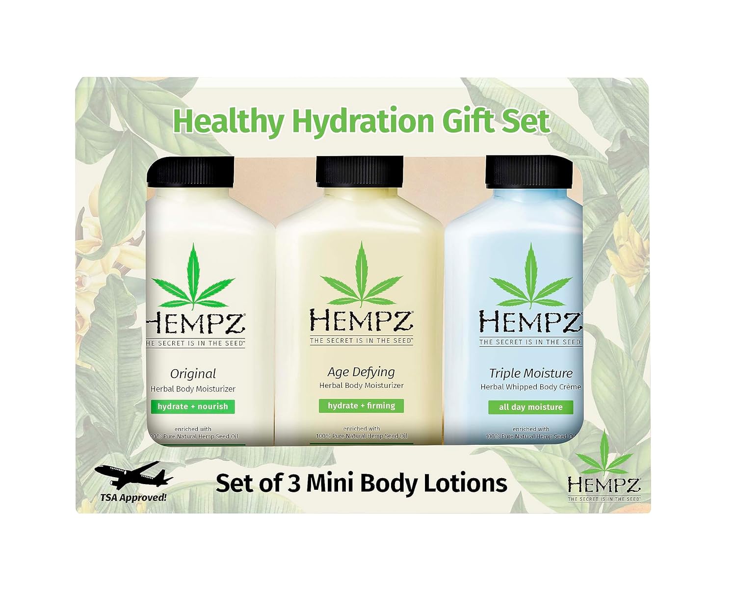 Hempz Hidratación saludable, triple humedad, desafía la edad y original (2.25 onzas, paquete de 3) loción hidratante corporal set de regalo  Mini