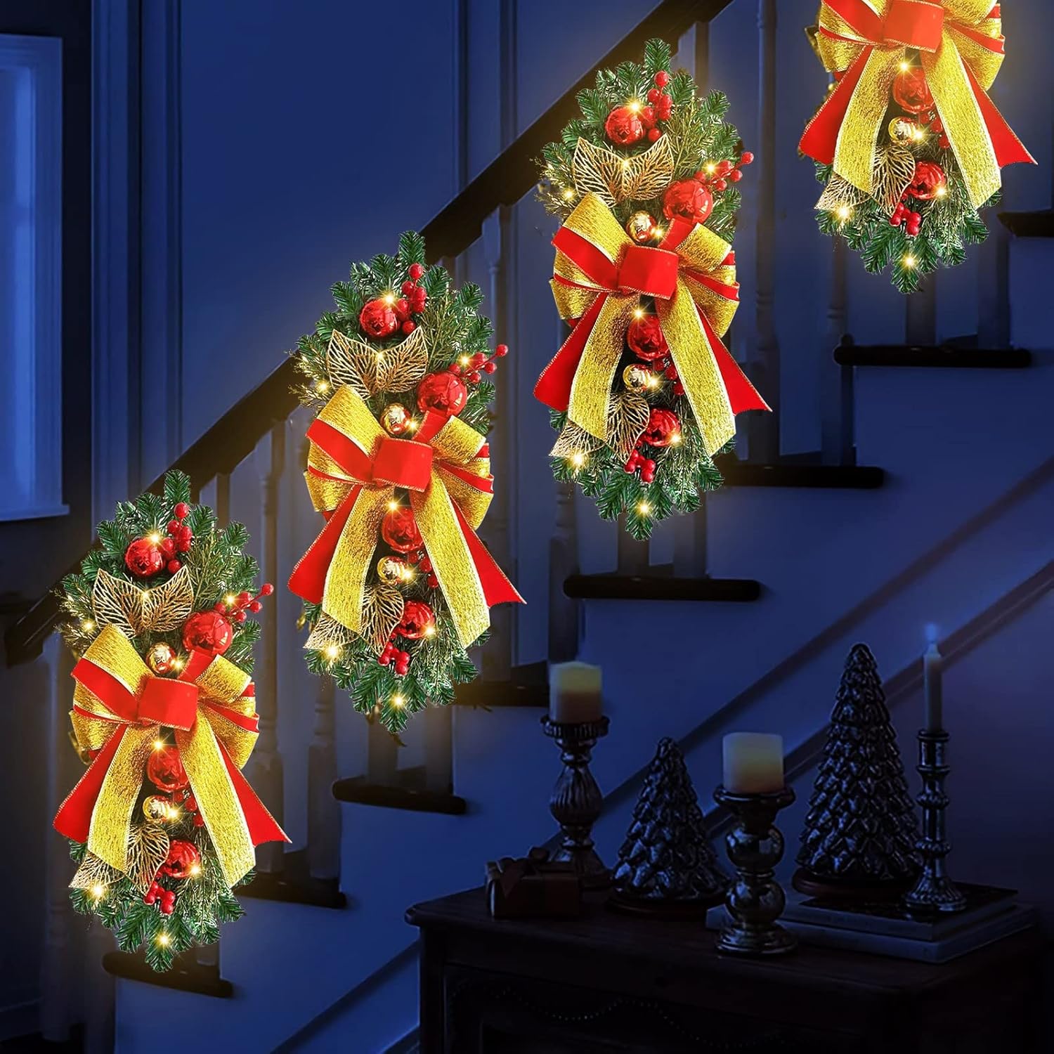 Guirnalda de escaleras de Navidad preiluminada, guirnalda de Navidad, el borde de escalera preiluminado inalámbrico, coronas de Navidad para puerta