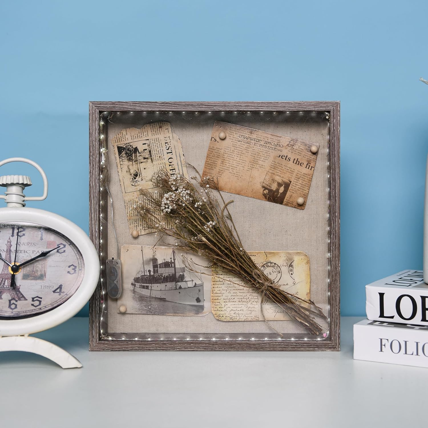 Caja de sombra profunda con vitrina colgante de luz, caja de memoria de madera, marco de fotos, caja de recuerdos para pared y mesa, boletos de