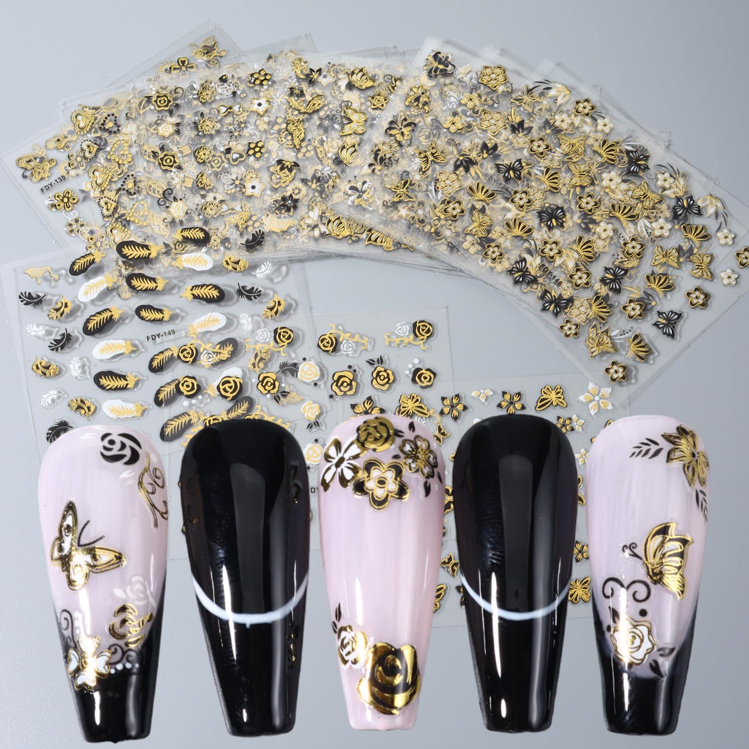 Vezocim Calcomanías de arte de uñas, 30 hojas de calcomanías autoadhesivas para uñas, diseño de hojas de flores pequeñas, mariposa, transferencia de