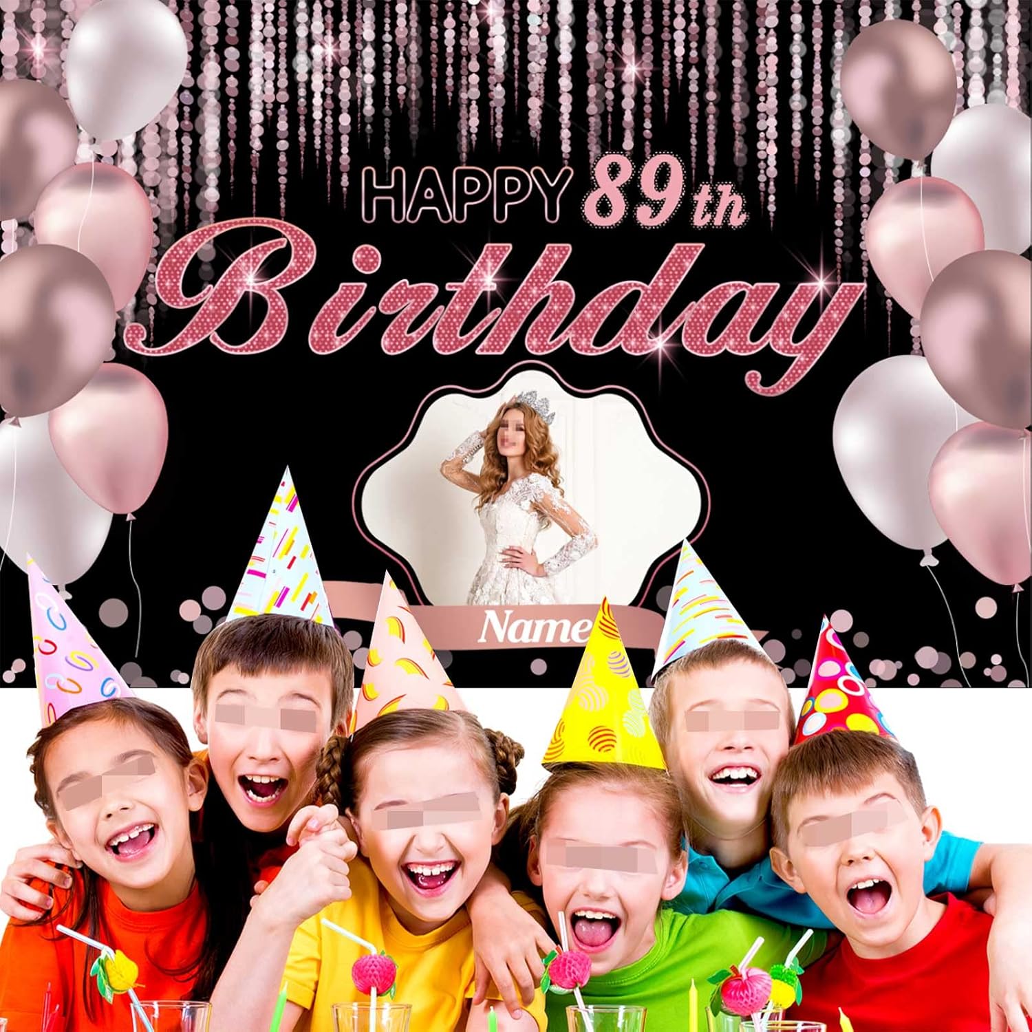 Cartel de decoración de feliz cumpleaños número 89 de oro rosa, tamaño grande, personalización con nombre y foto compatible