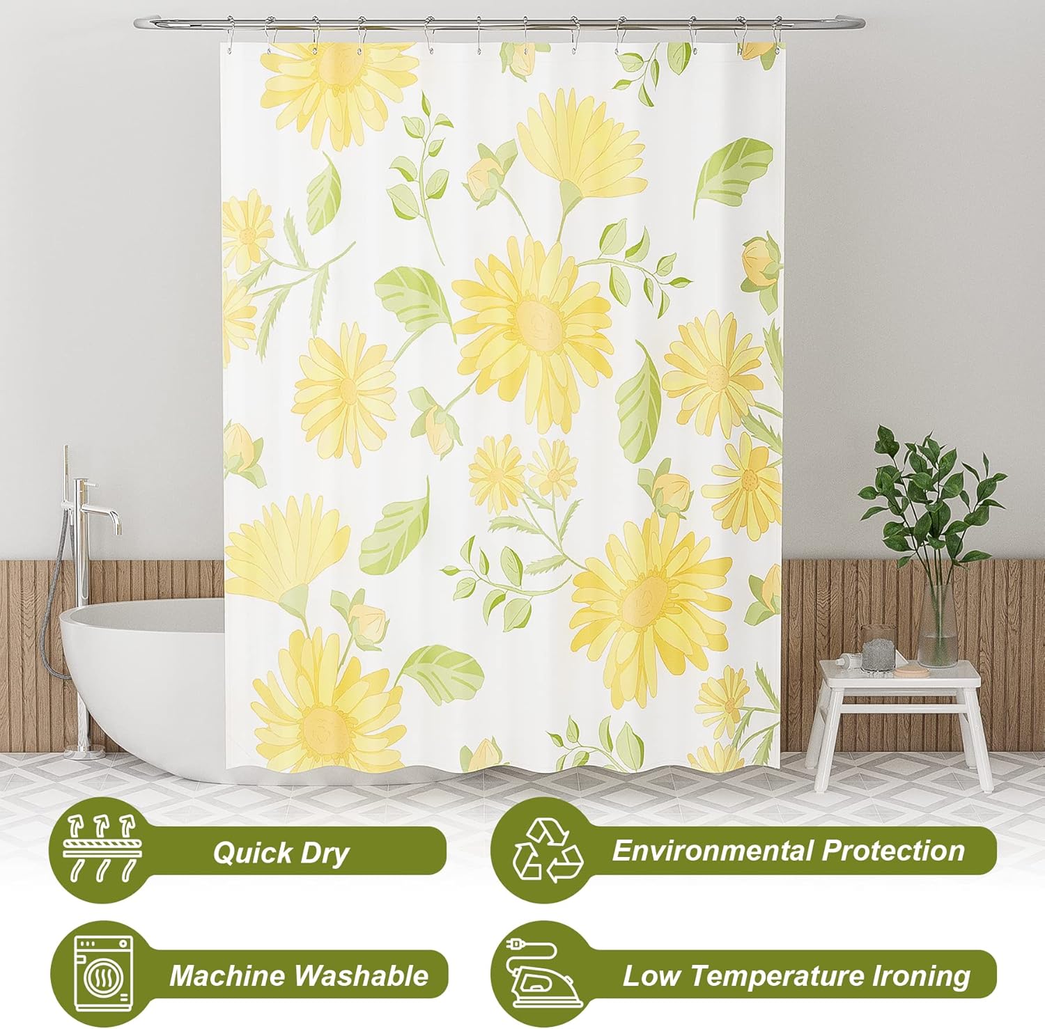 AmazerBath – Juego de cortina de tela para ducha con 12 ganchos, cortina bohemia con diseño de gerbera amarilla, cortina lavable para ducha y baño,