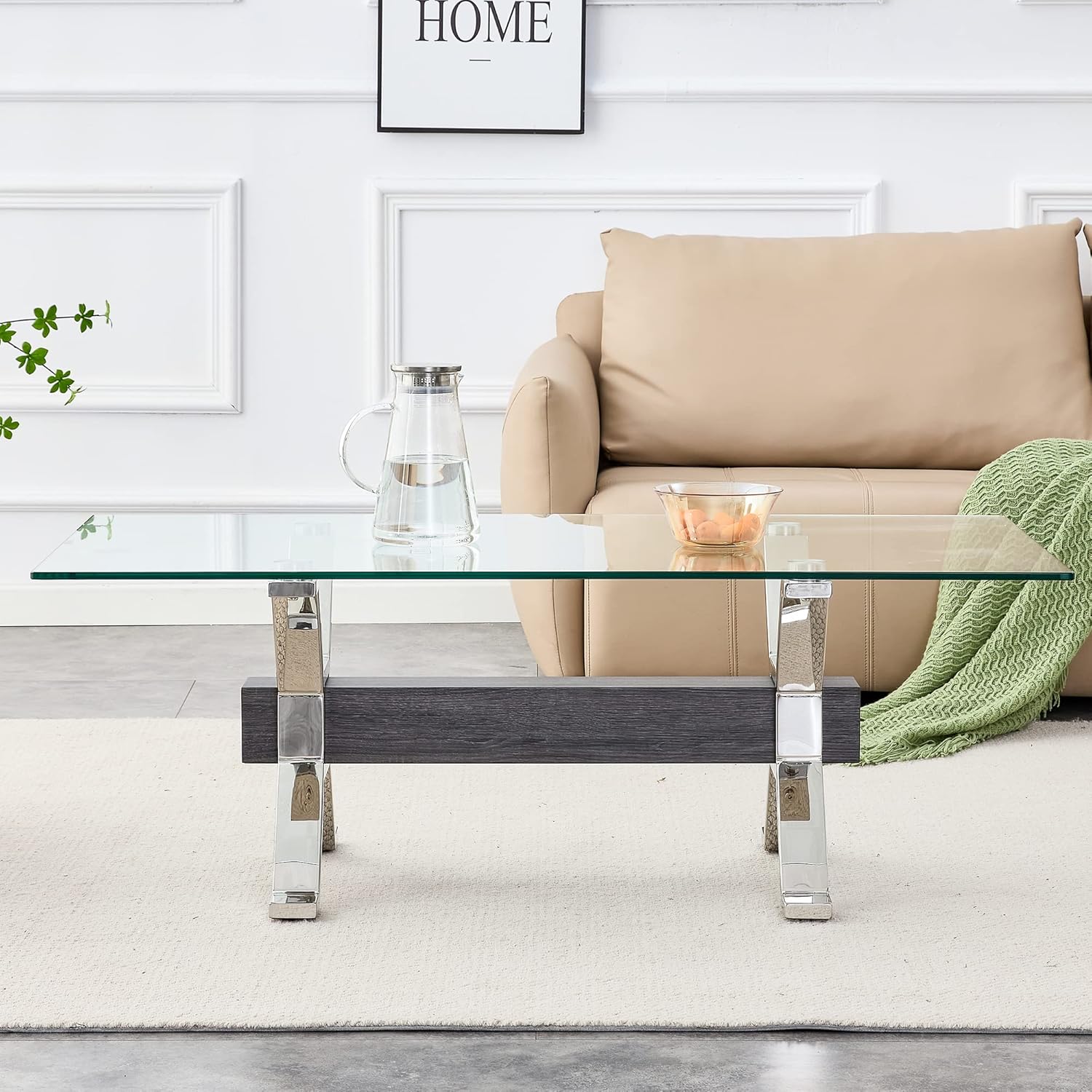 Mesa de centro rectangular transparente moderna, mesa de centro única de vidrio templado con patas de metal plateado y barra transversal de MDF,