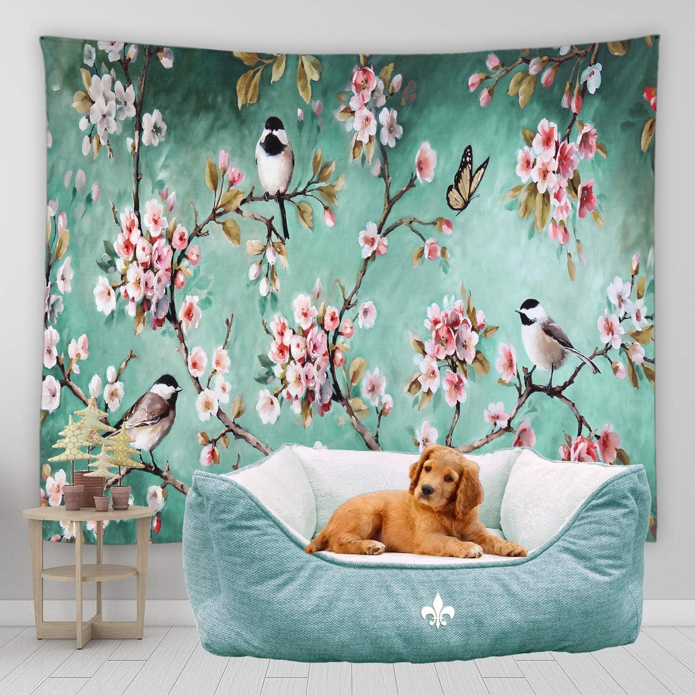 BCNEW Tapiz para colgar en la pared, diseño de flores, pájaros, mariposas, plantas asiáticas, flores y flores, tela de poliéster, decoración de