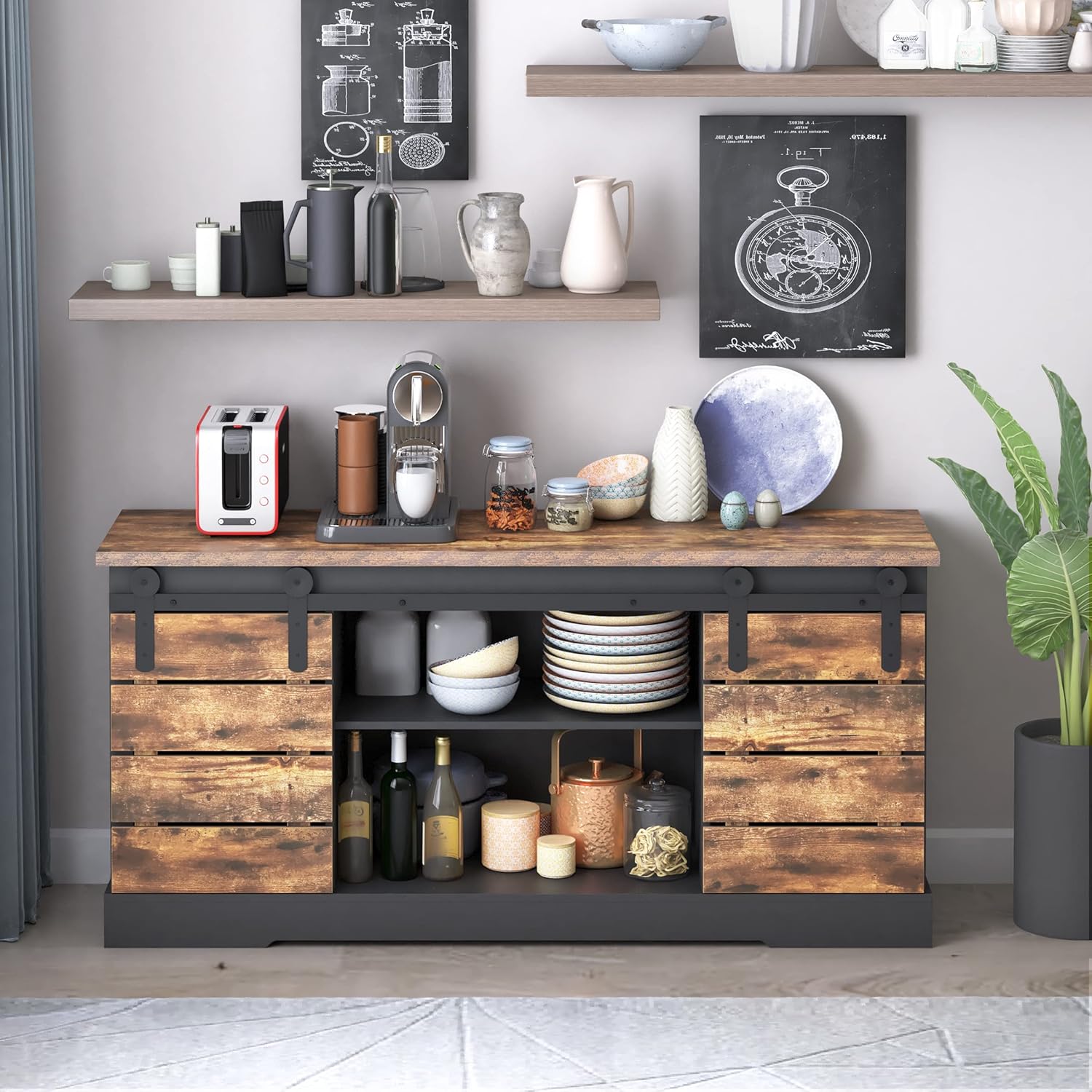 NSdirect Aparador de cafetera, soporte de TV moderno, estación de buffet de granja, puerta corrediza de granero, consola de credenza con listón y