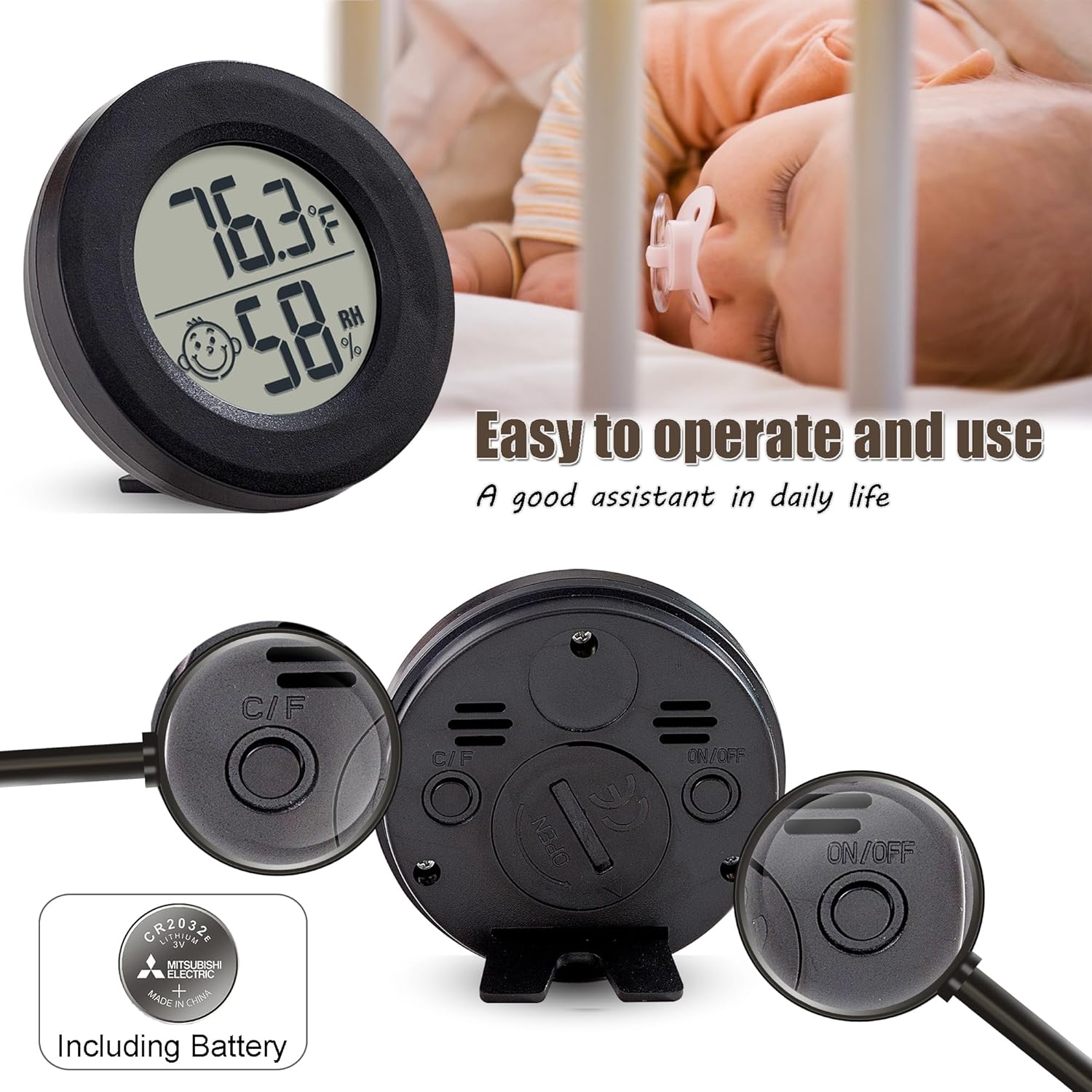 Mini higrómetro digital pequeño, medidor higrómetro con botones CF y encendidoapagado, monitor de medidor de humedad interior con sensor de medidor