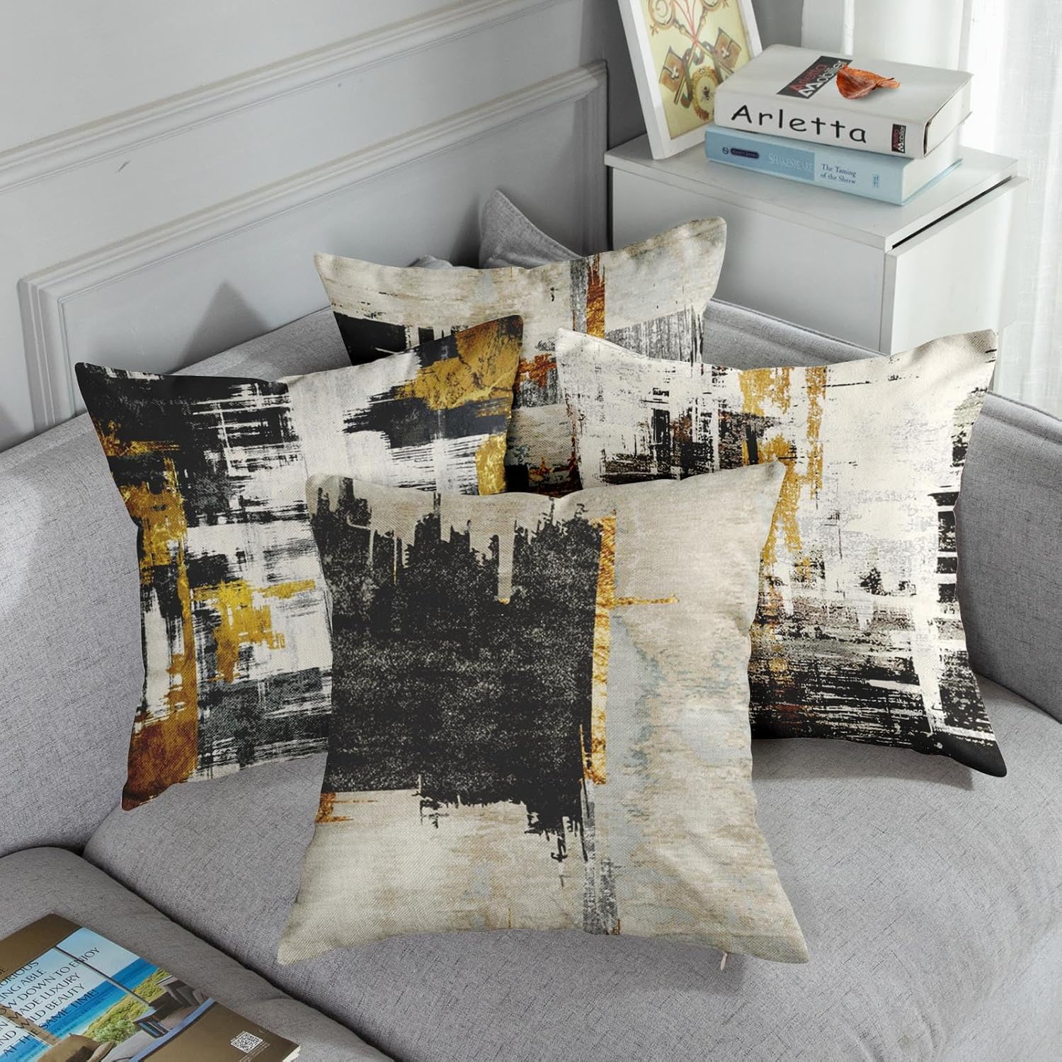 Juego de 4 fundas de almohada decorativas para decoración del hogar, diseño abstracto negro y dorado, fundas de almohada decorativas de 18 x 18