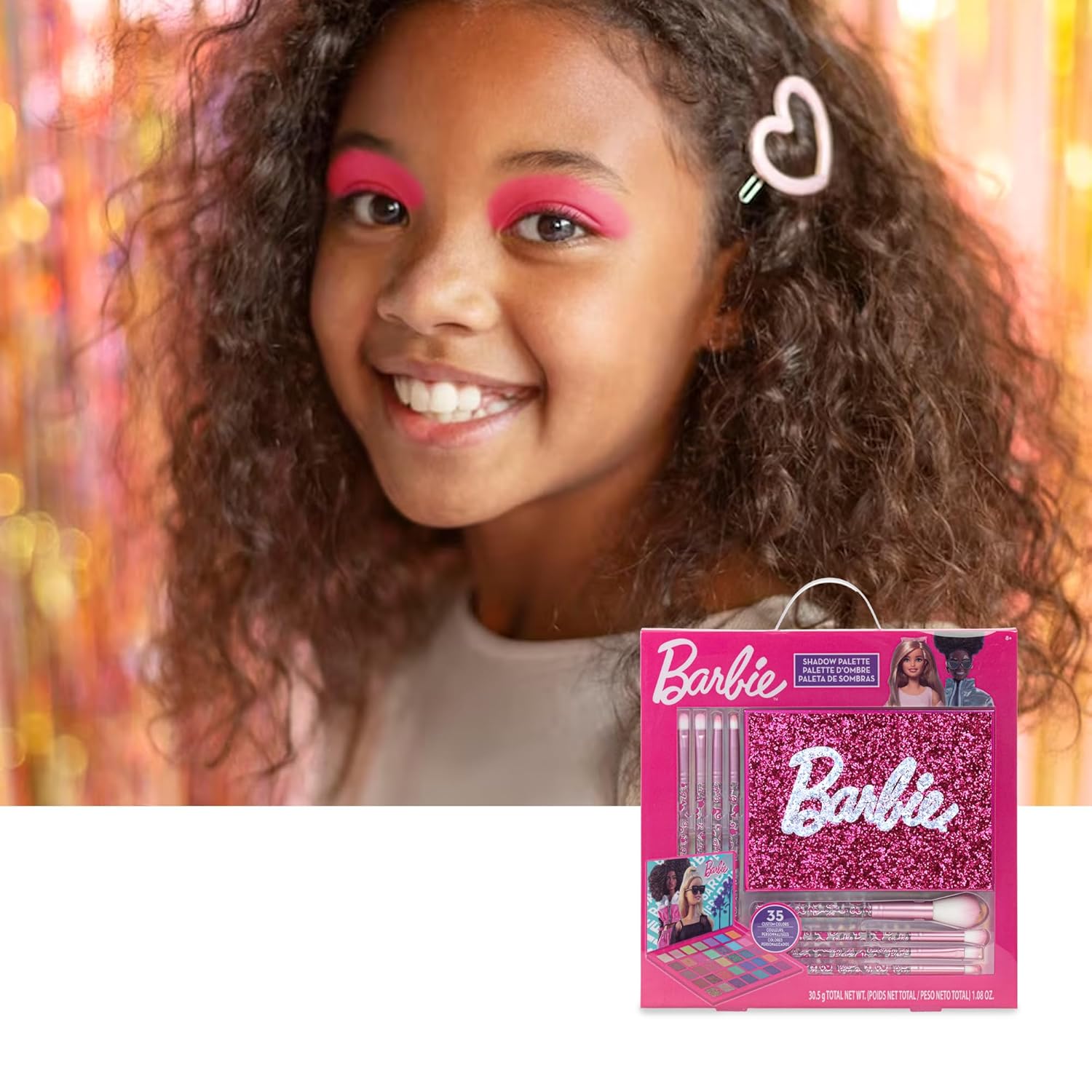 Townley Girl Barbie Paleta de sombras de ojos de 35 pozos, colores brillantes y opacos, pigmentada mezclable, 8 pinceles de aplicación no tóxicos