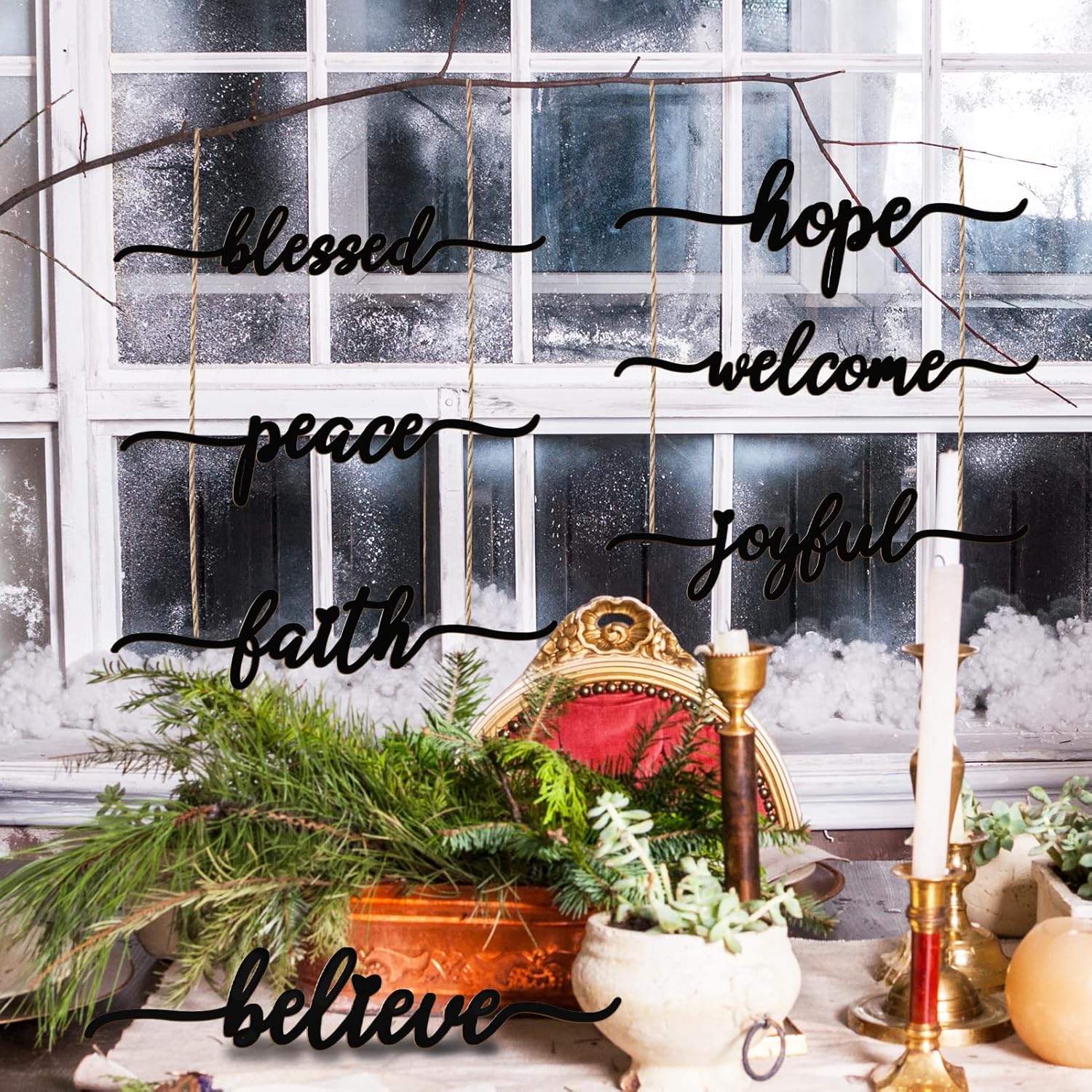 BORAMDO Letrero de pared de madera de Navidad, 12 piezas, recortes de palabras de madera para decoración del hogar, placa de mesa, adornos rústicos,