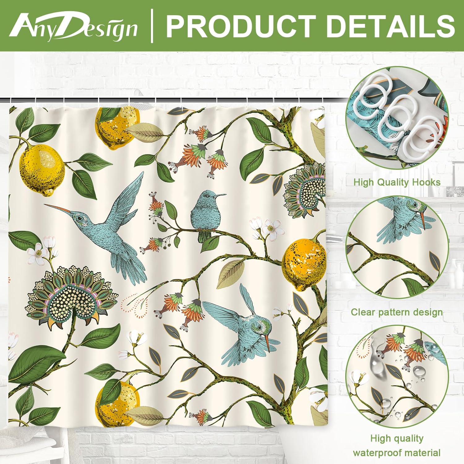 AnyDesign – Cortina de ducha de limón, diseño de pájaros azules, árbol de limón, decoración de baño, juego de cortina de baño retro con ganchos para