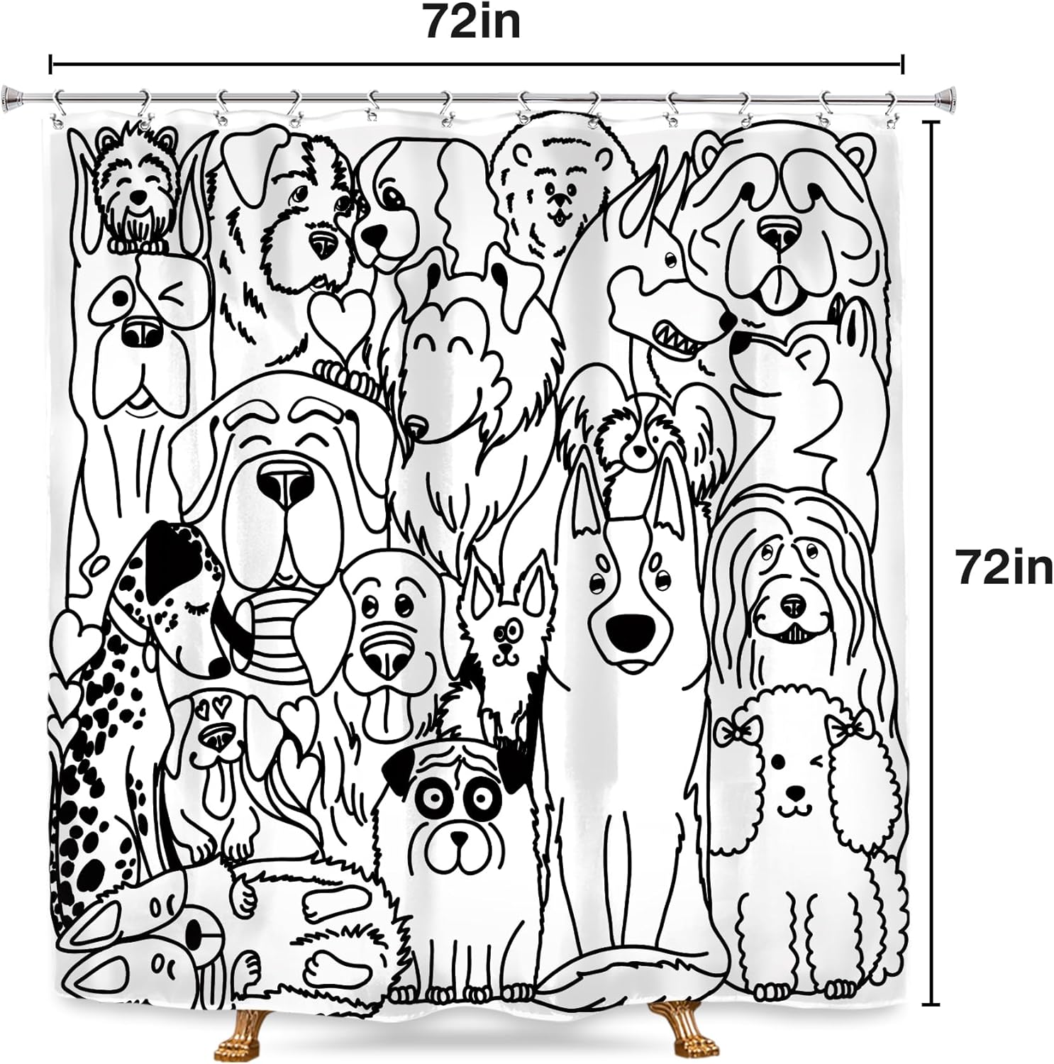 SVBright Divertida cortina de ducha con diseño de perro, 72 pulgadas de ancho x 72 pulgadas de largo, diseño de dibujos animados en blanco y negro,