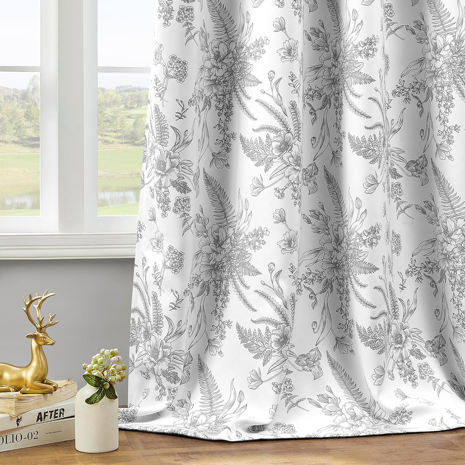 YoungsTex Cortinas opacas florales negras de 84 pulgadas de largo para sala de estar, doble capa con ojales impresos, cortinas de oscurecimiento de