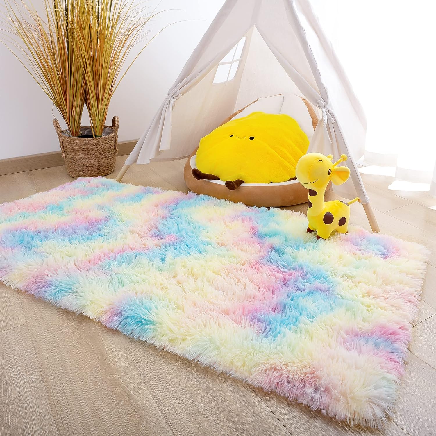 Noahas Alfombra esponjosa de arcoíris para dormitorio de niñas, alfombras peludas para sala de juegos de niños, alfombras Kawaii mullidas para