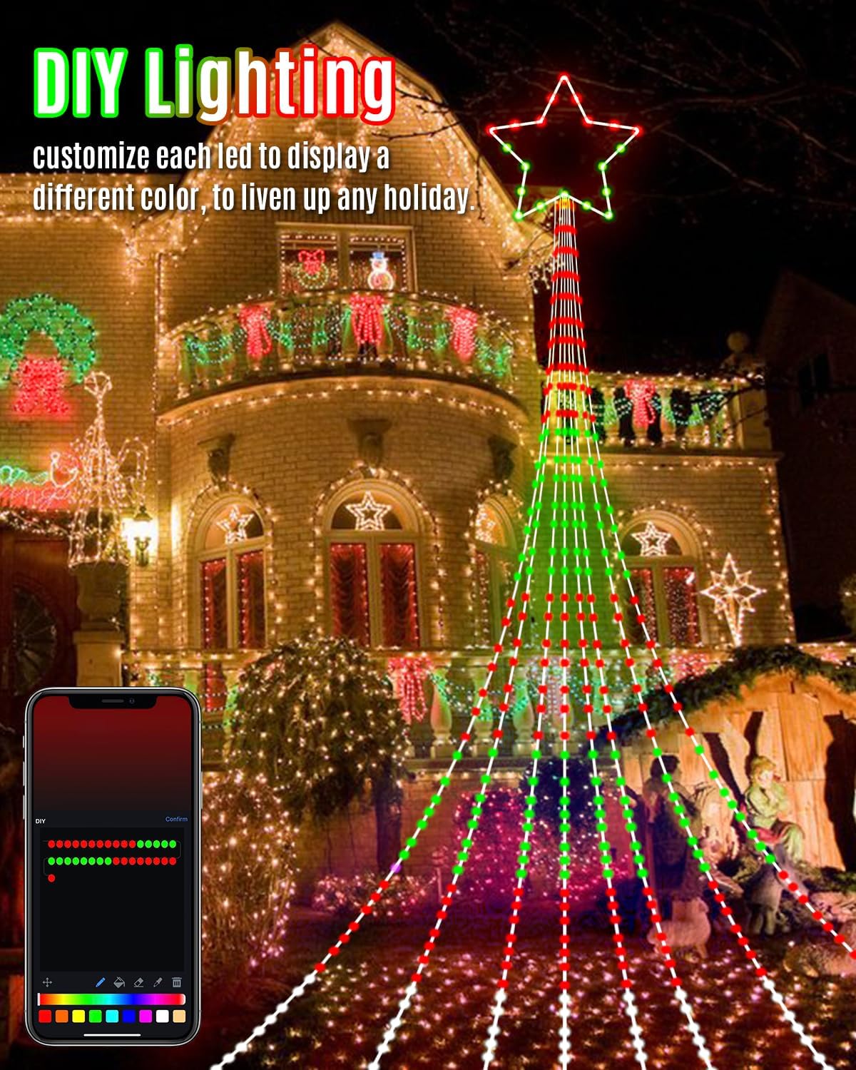 Guirnalda de luces de estrellas para decoración de Navidad al aire libre de 21 pies, luces LED RGB inteligentes para árbol, cascada, escenas