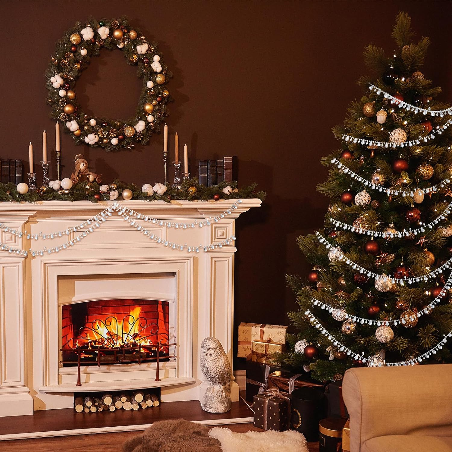 Geetery 3 rollos de 3 rollos de cuentas de cristal para árbol de Navidad, cadena de cristal de diamante, guirnalda de cuentas brillantes para árbol
