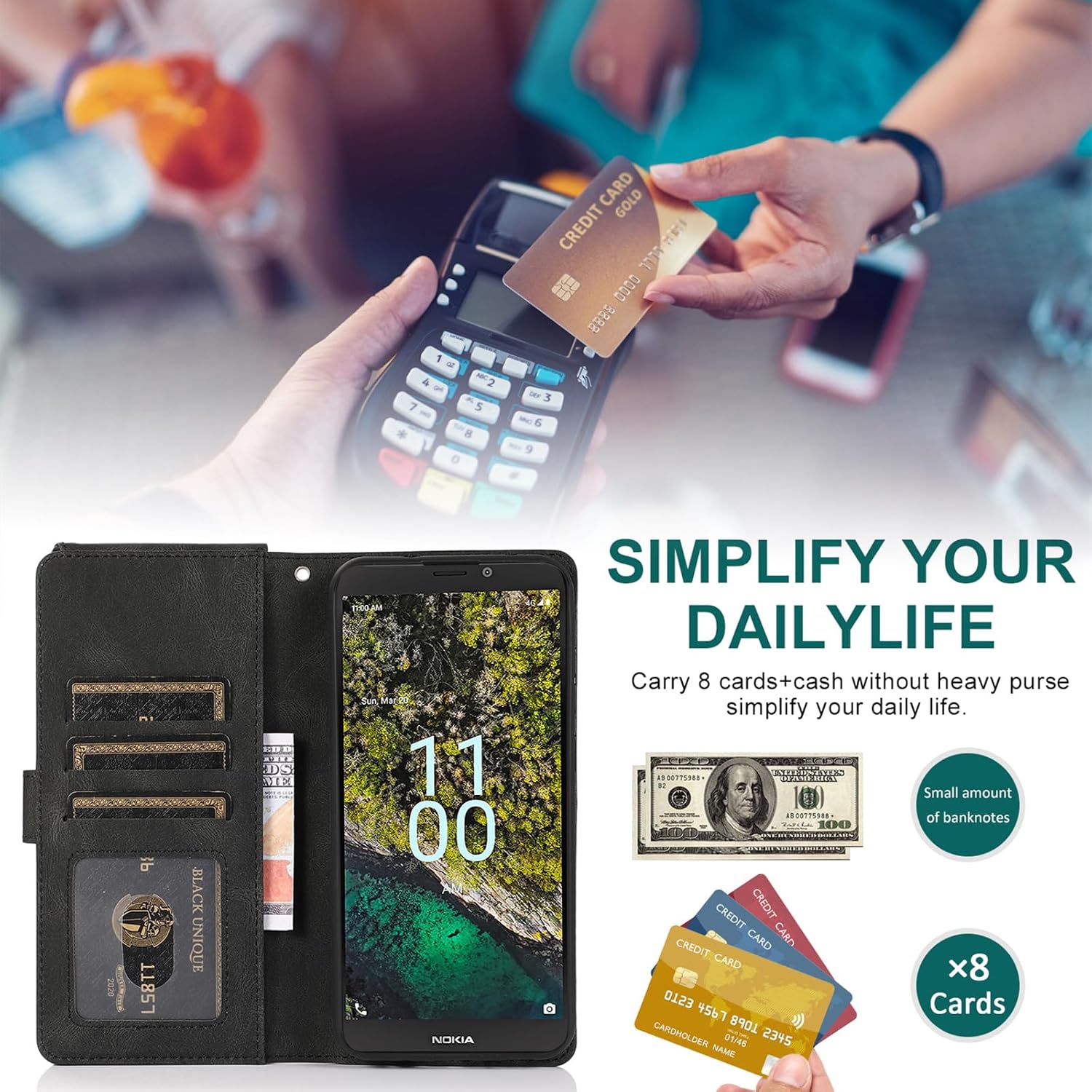 Asuwish Compatible con Nokia C100 4G LTE N152DL – Funda tipo cartera de vidrio templado con protector de pantalla y cremallera de cuero retro,