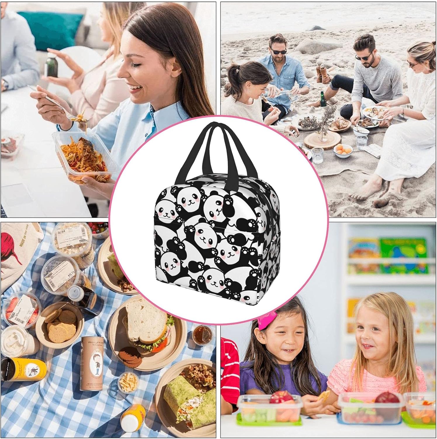 Linda lonchera de panda  Bolsas de almuerzo aisladas para niños y niñas, bolsas de almuerzo reutilizables, perfectas para la escuela, campamento,