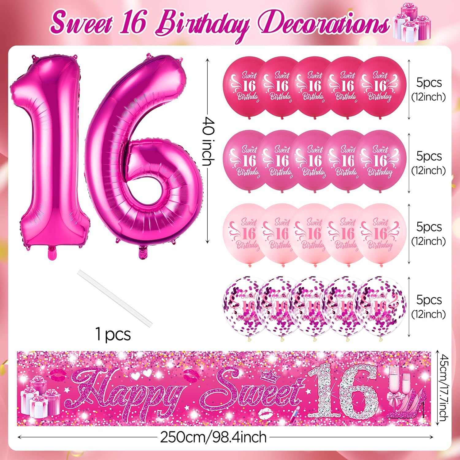 Decoraciones de cumpleaños con el número 16 para niñas, pancarta rosa con el número 16, 20 globos de cumpleaños de 16 pulgadas, globos de 40
