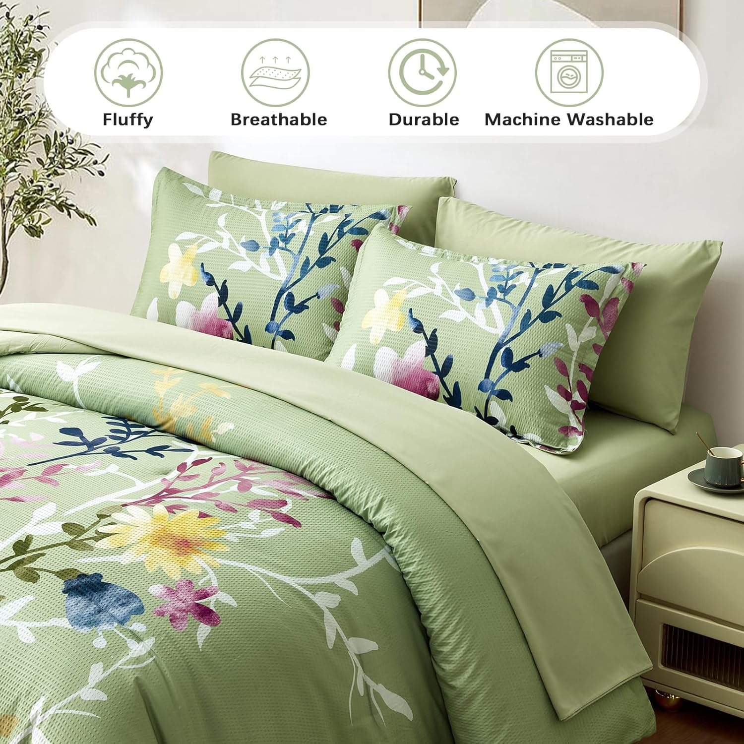 Juego de edredón de 7 piezas, color verde salvia, tamaño King, diseño floral de sirsaca suave, para todas las estaciones, juego de ropa de cama