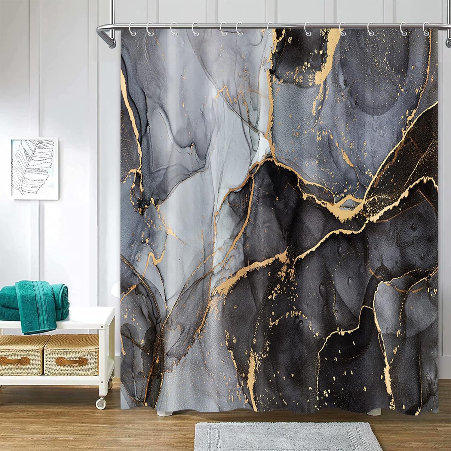 ChloropLastid Cortina de ducha de mármol negro de 72 x 72 pulgadas, cortinas de ducha de mármol de granito con textura abstracta de mármol negro y