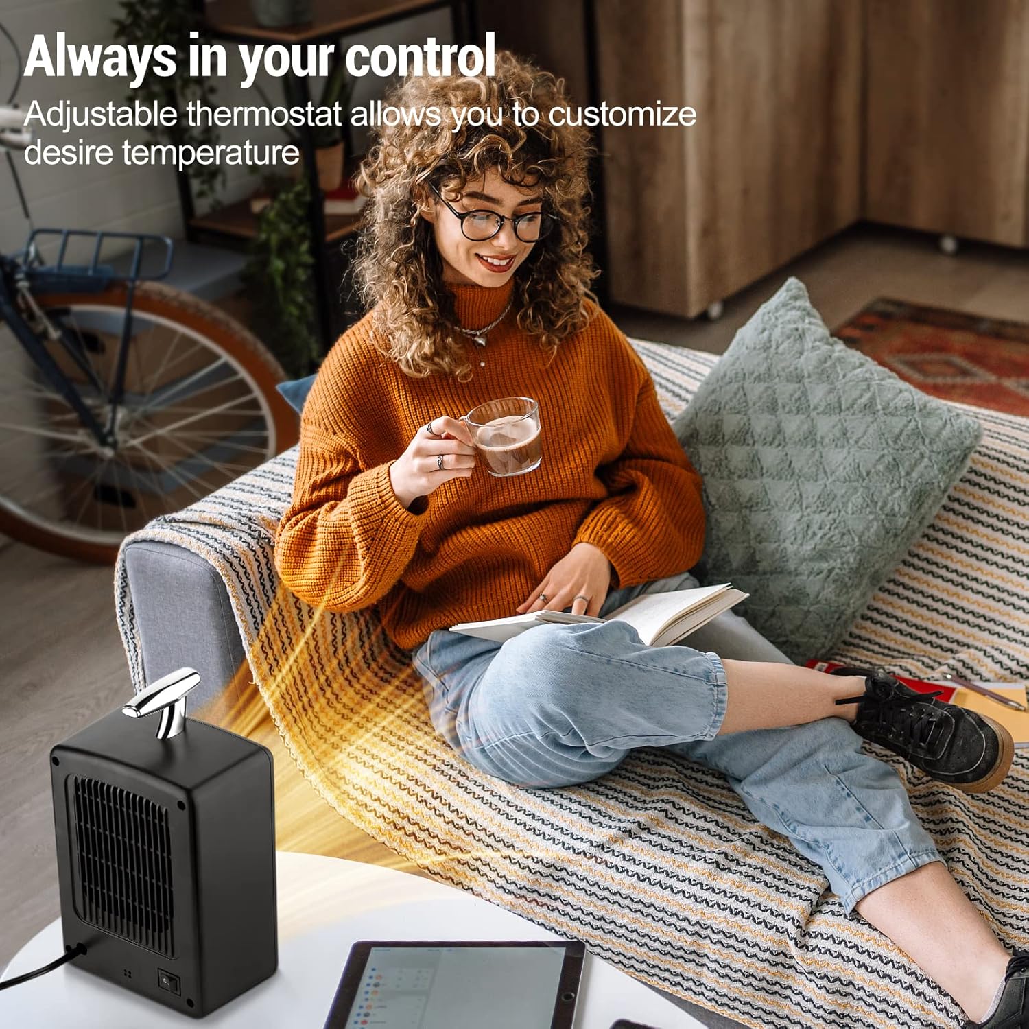 ACTICO Calentador de espacio, calentador de cerámica PTC de 1200 W600 W, interruptor de 2 velocidades y función de temporizador, calentador portátil