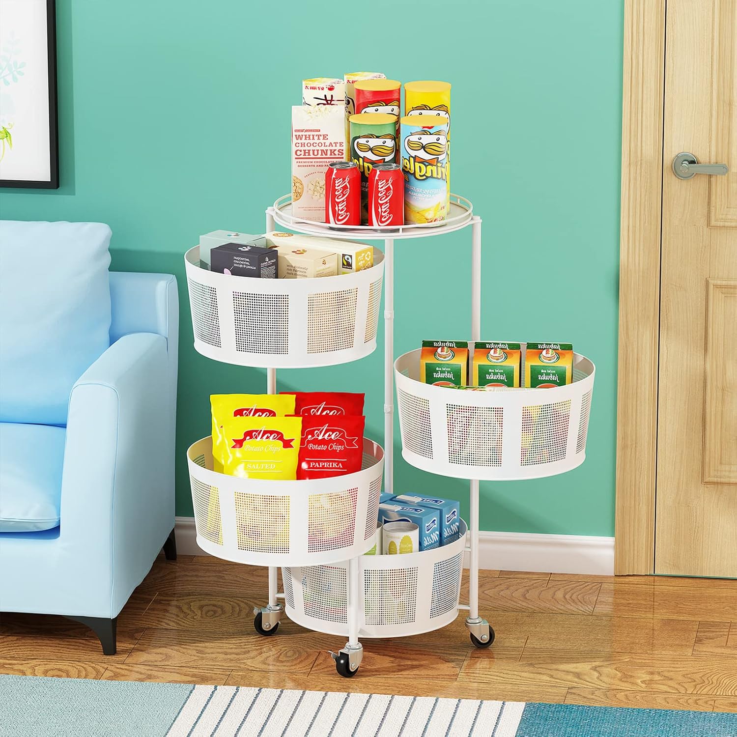 STYLIFING Cesta de frutas y verduras para cocina, estante giratorio de 4 niveles con ruedas con bloqueo, carrito de almacenamiento para el hogar,
