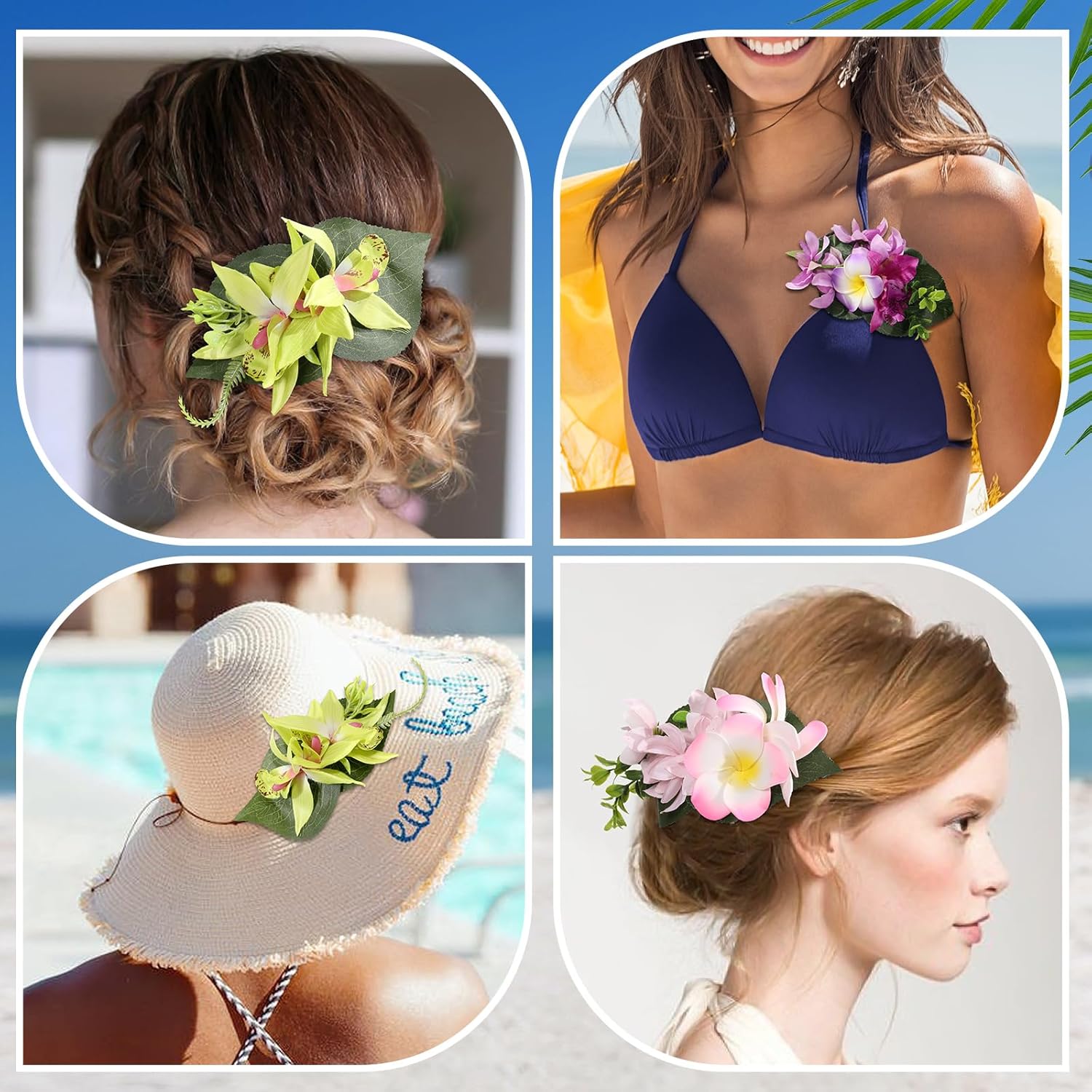 HAIMEIKANG 3 pinzas para el cabello de flores hawaianas, horquillas artificiales tropicales para el cabello, flores grandes para mujeres, accesorios
