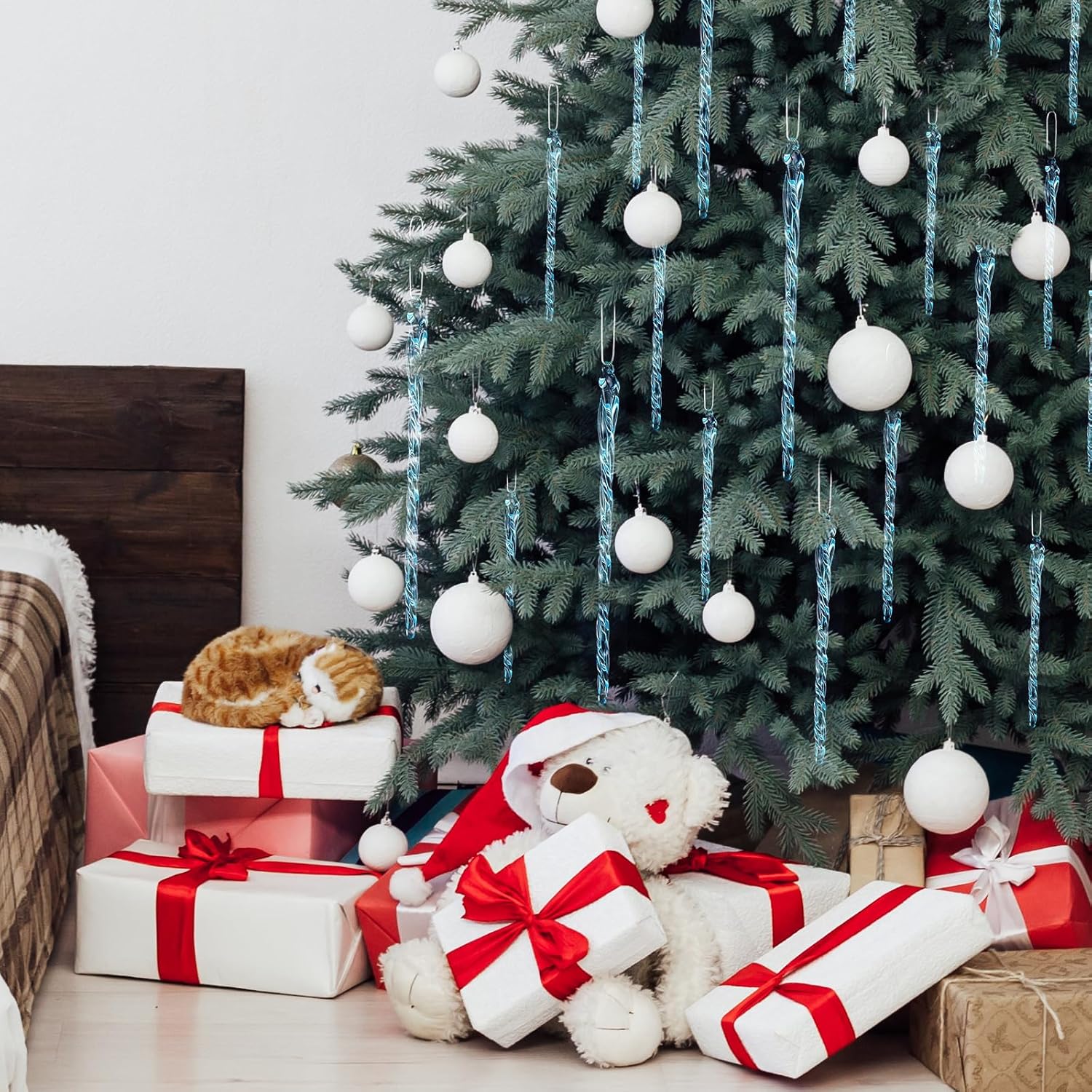 Carámbano de vidrio de 3.5 a 7.8 pulgadas, adornos de Navidad de carámbanos de vidrio torcido, decoraciones de carámbanos para colgar (azul claro,
