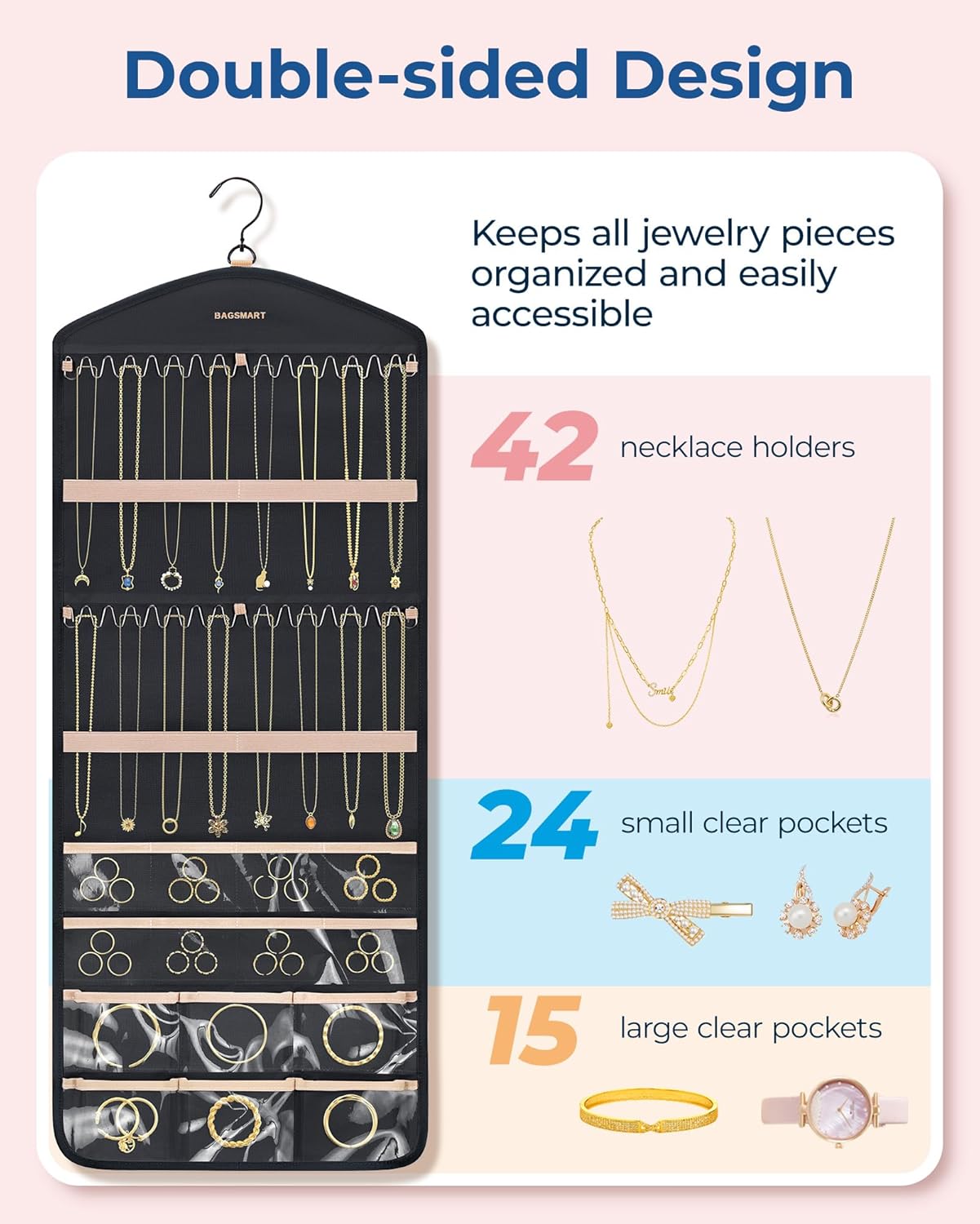BAGSMART Organizador de joyas colgante con ganchos de metal, soporte de joyería de doble cara para organizar aretes, collares, anillos, perfecto