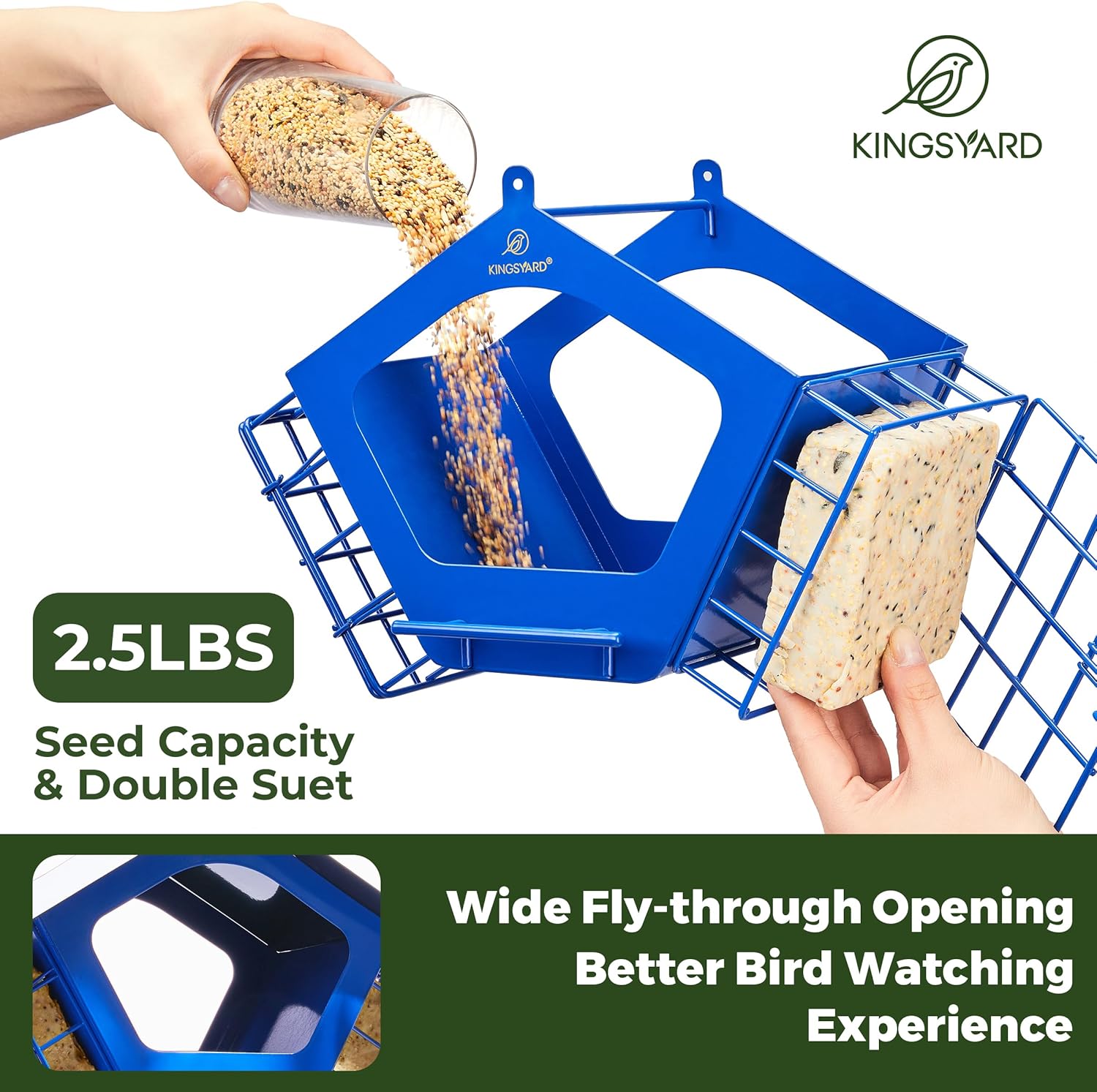 Kingsyard Comederos de metal para colgar en exteriores, alimentador de semillas mixtas 2 en 1 con jaulas dobles de sebo, techo de metal resistente a