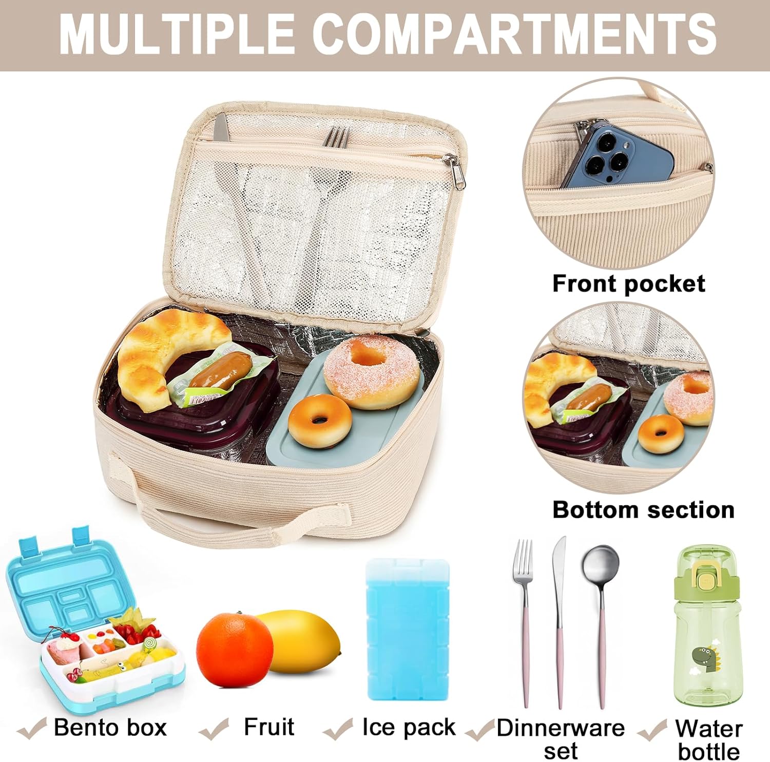 Bluboon Lonchera para niños y niñas, lonchera aislada para la escuela, lonchera de pana organizadora, bolsa de almuerzo para niños y niñas (pana
