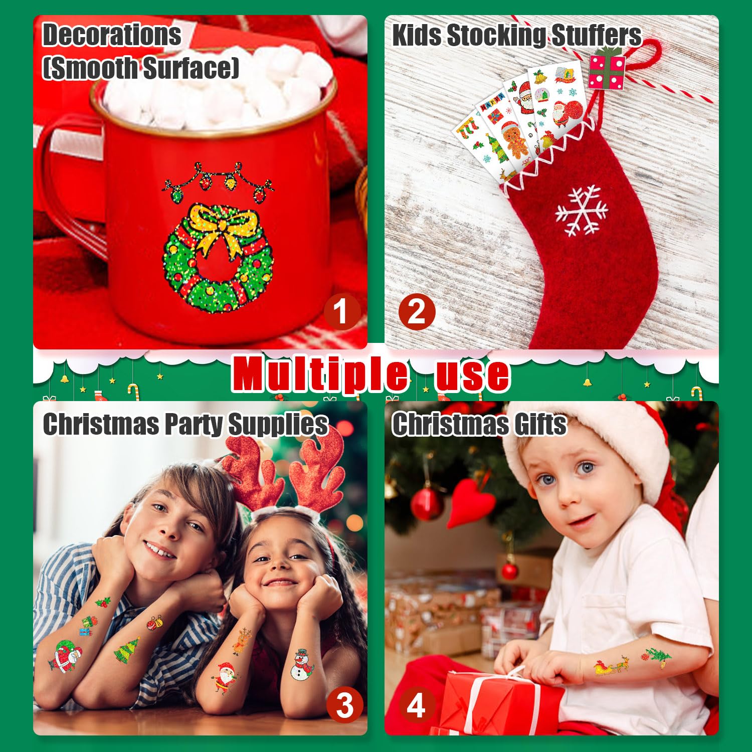 Partywind 28 hojas (245 estilos de brillantina), tatuajes de Navidad para niños, suministros de fiesta de cumpleaños de Navidad, decoraciones de