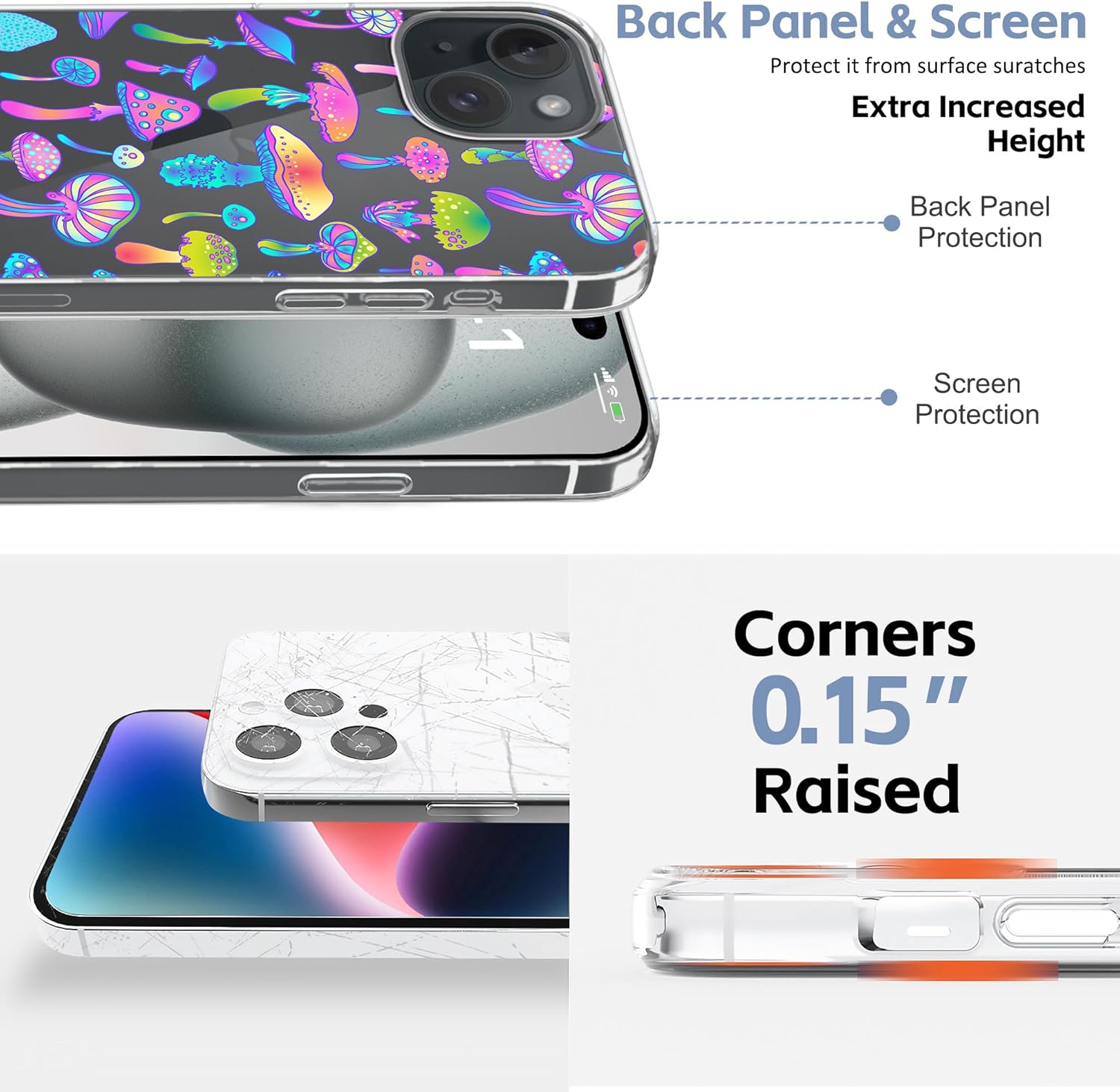 Funda diseñada para iPhone 15 Plus, diseño de hongos psicodélicos mágicos, funda transparente de hongos coloridos hippies para iPhone 15 Plus, a