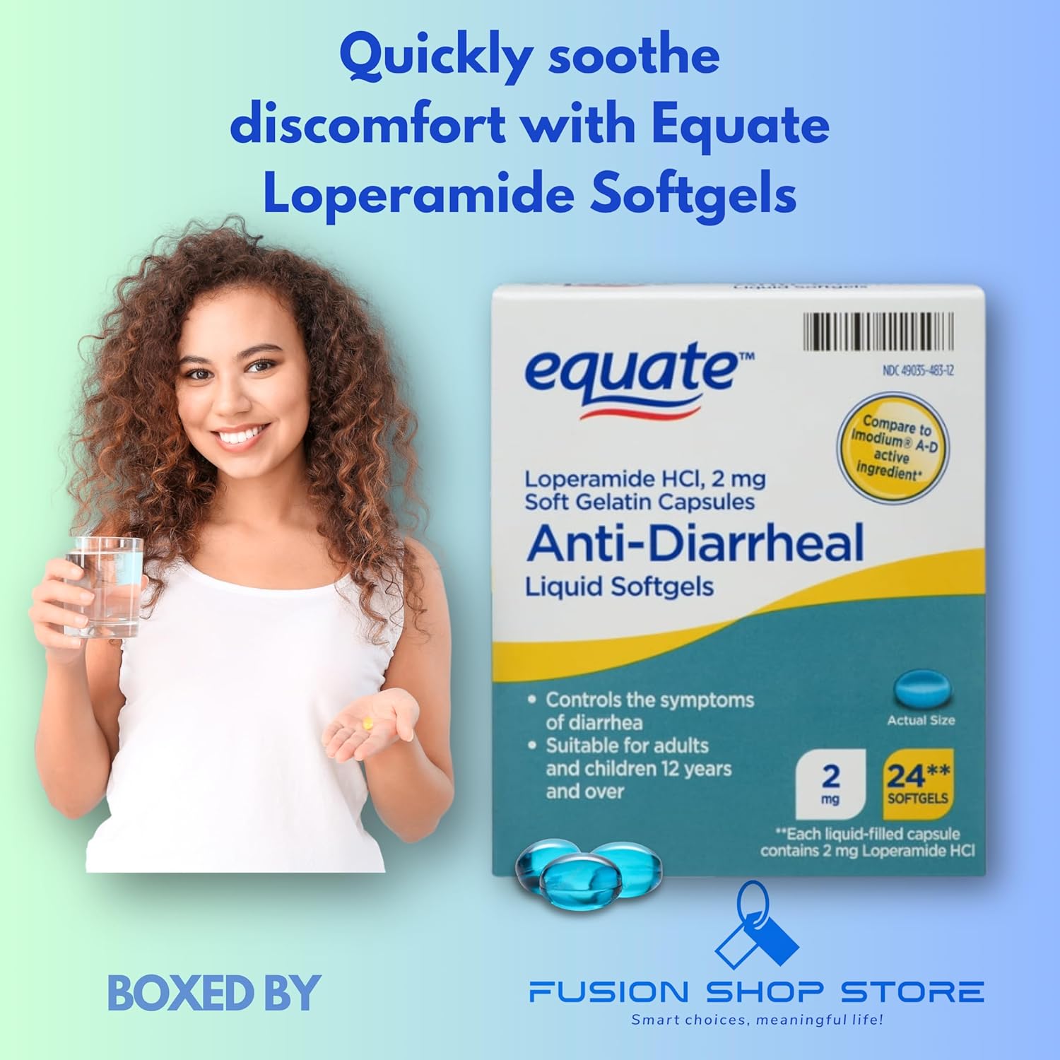Equate Loperamide Softgels for Diarrea 2 mg, Comparar con Imodium Pills A-D Ingrediente Activo Clorhidrato 2 mg 24 cápsulas (1), Set con Fusion Shop